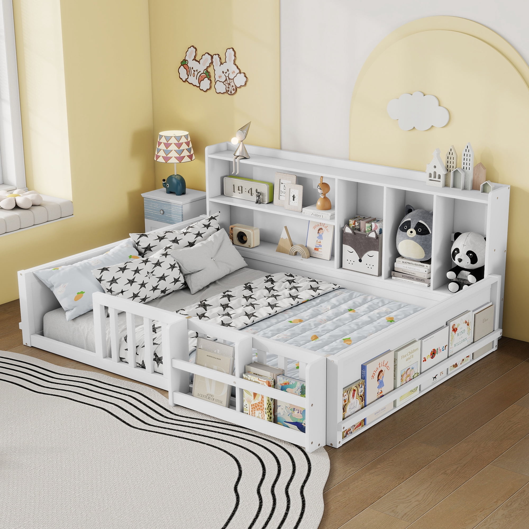Mintazer Full Size Montessori Floor Bed with Bookshelf & Guardrails, Kids Platform Bed Frame with Storage Cubbies for Bedroom, White
