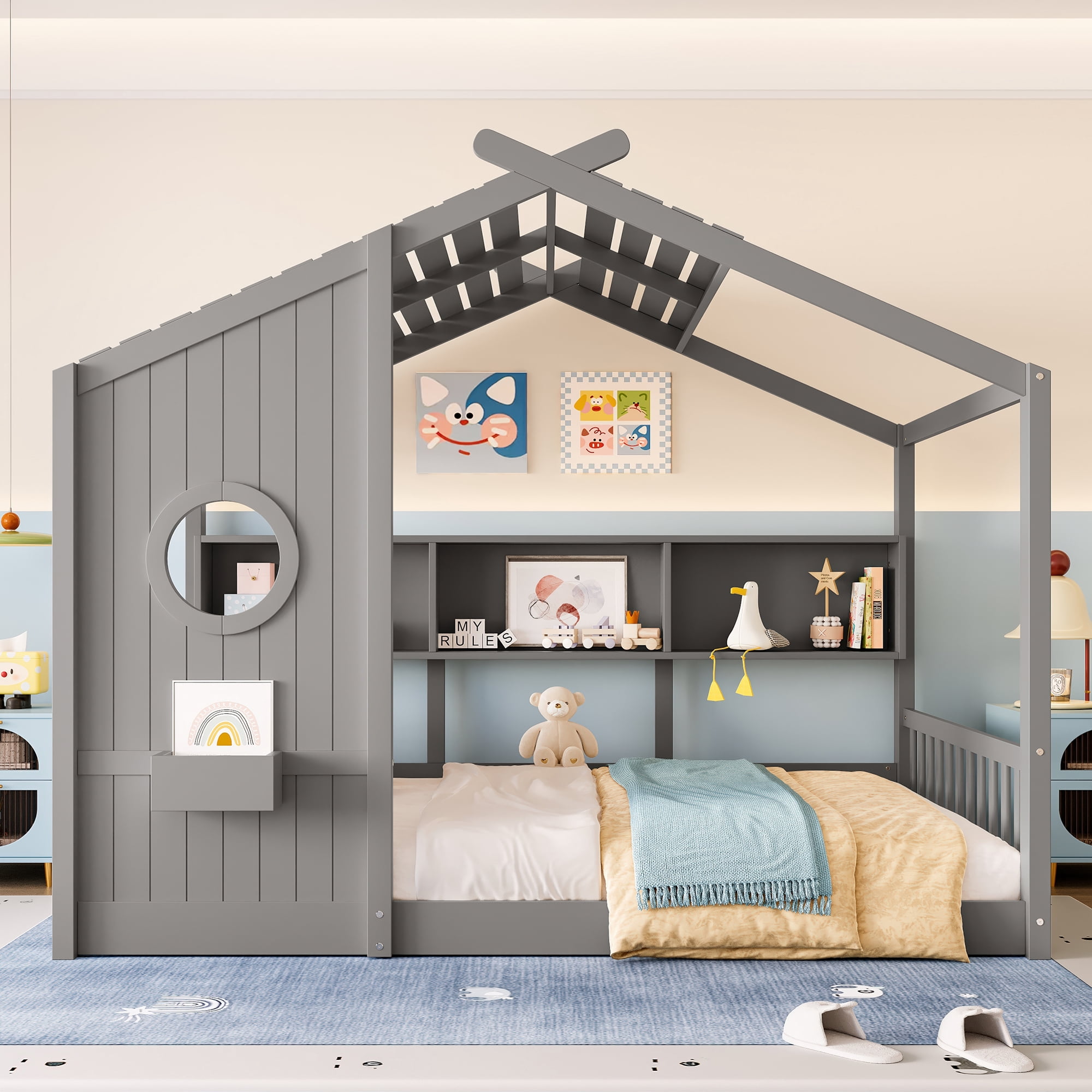 Mintazer Full Size Montessori House Floor Bed with Gable Playhouse Roof & Storage Cubbies, Low Platform Bed Frame with Round Window Side Panel for Toddlers Kids Bedroom, Gray