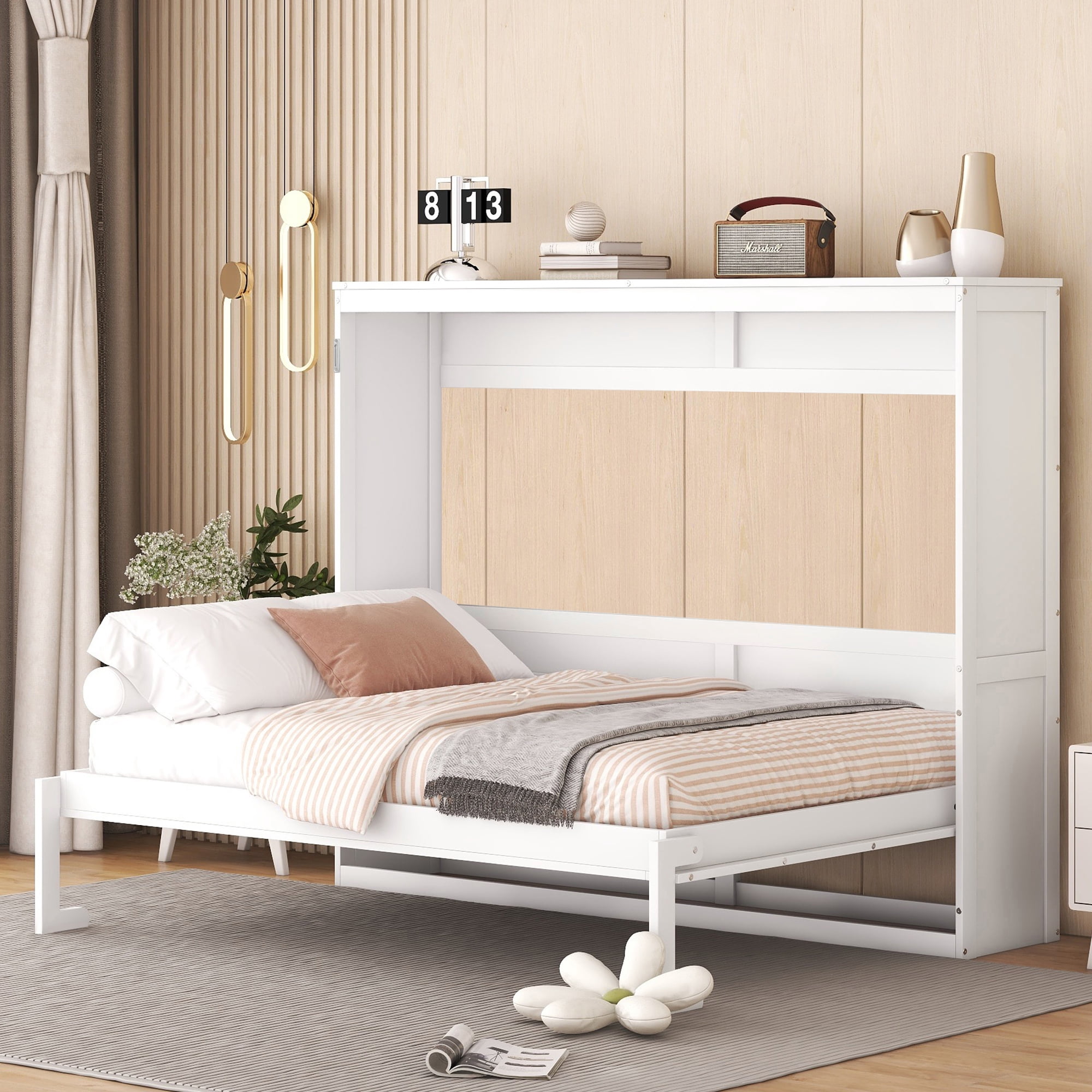 Mintazer Full Size Murphy Bed, Modern Foldable Wall Bed with Storage Shelf for Bedroom Apartment Guest Room, White