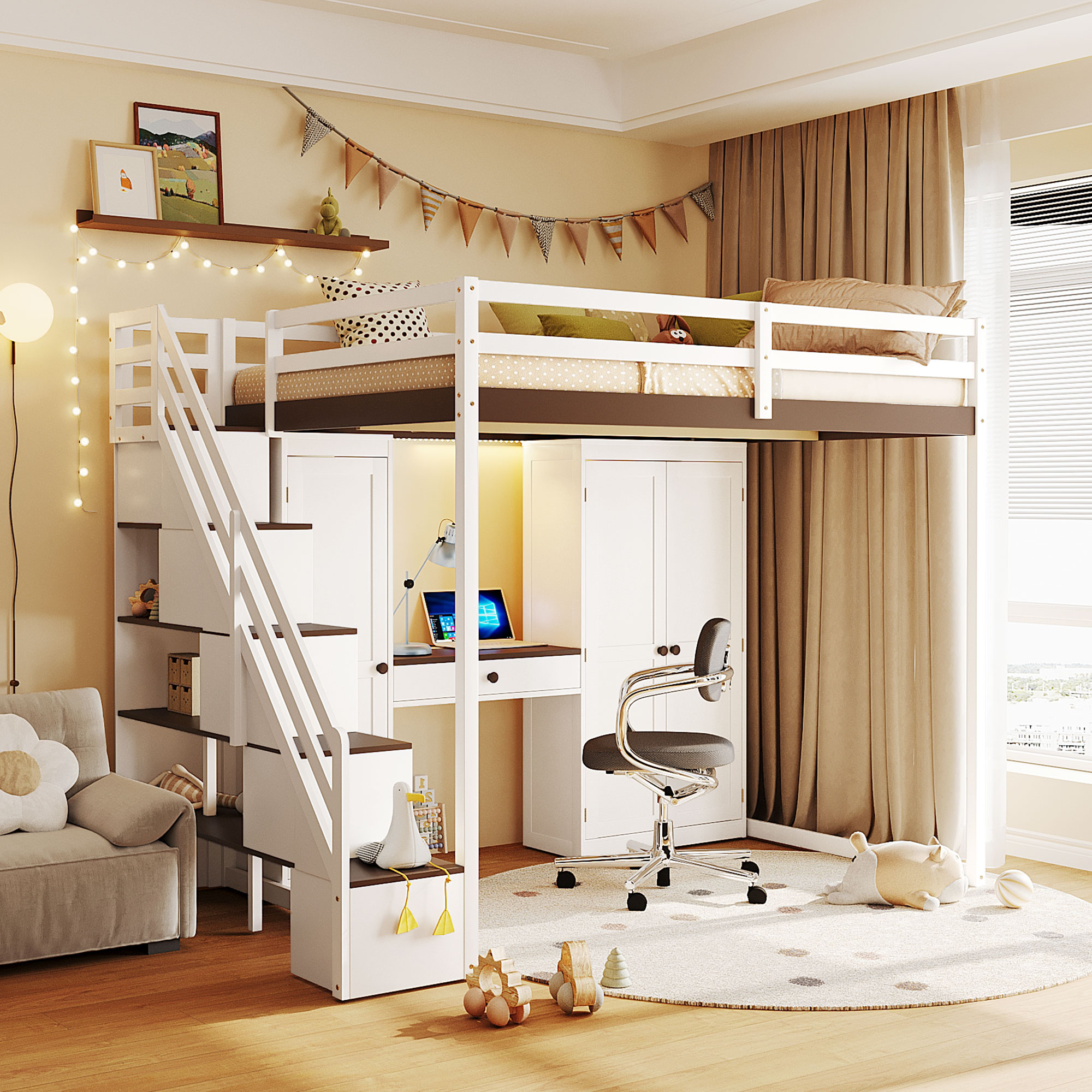 Mintazer Full Size Princess Loft Bed Built-in Dressing Table with Vanity Mirror, Wardrobe, Storage Staircase, Drawer, LED Lights & Charging Station for Girls, White & Brown
