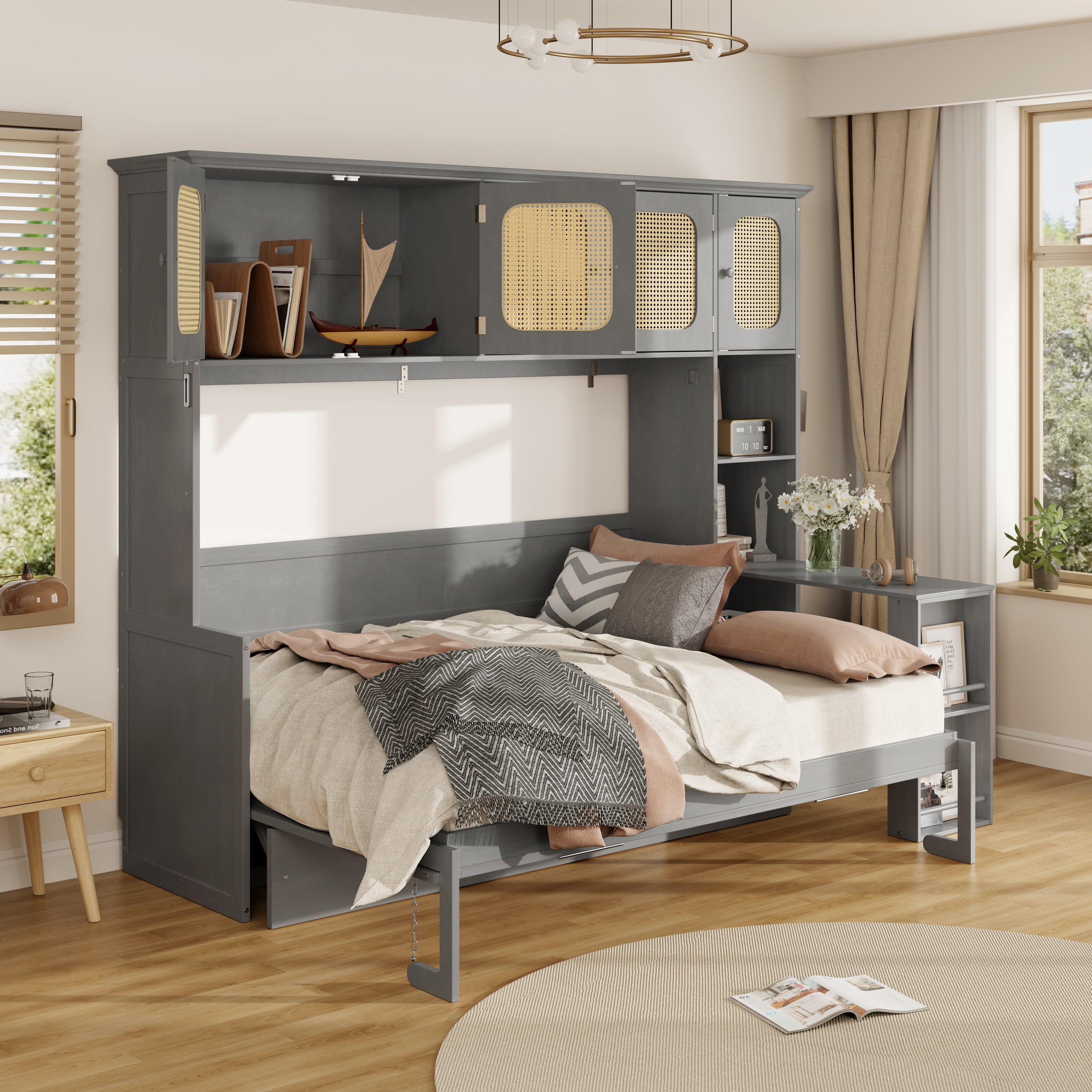 Mintazer Full Size Rattan Murphy Wall Bed with Desk & Side Bookshelf, Folding Bed with 5 Rattan Storage Cabinets for Guest Room Apartment, Gray