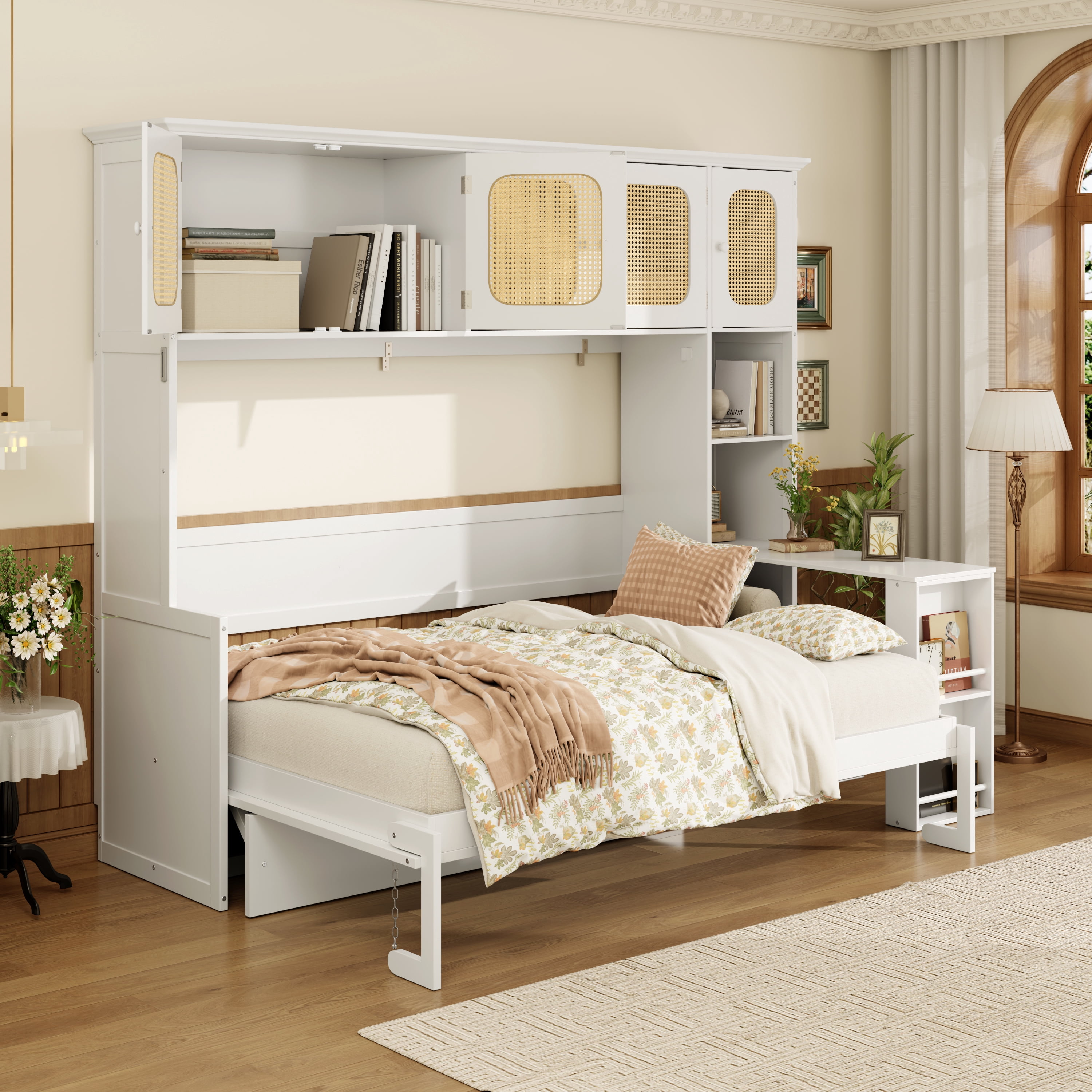 Mintazer Full Size Rattan Murphy Wall Bed with Desk & Side Bookshelf, Folding Bed with 5 Rattan Storage Cabinets for Guest Room Apartment, White