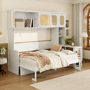 Mintazer Full Size Rattan Murphy Wall Bed with Desk & Side Bookshelf, Folding Bed with 5 Rattan Storage Cabinets for Guest Room Apartment, White
