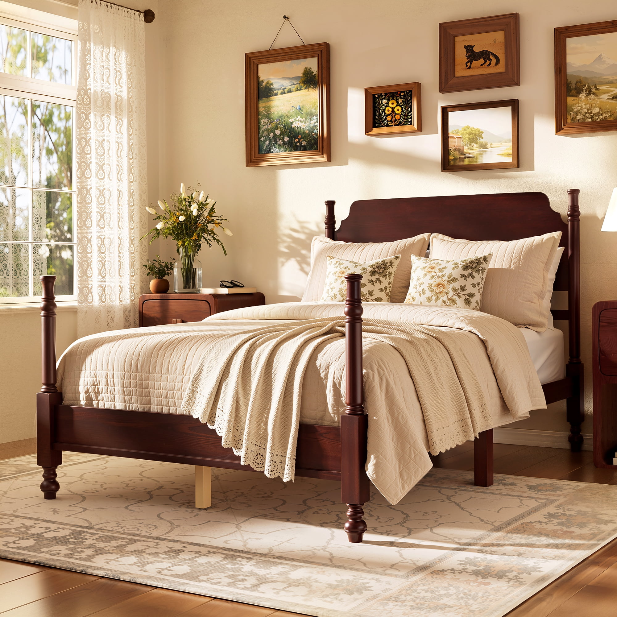 Mintazer Monroe Full Size Bed Retro Spindle Post Bed Frame with Headboard, Dark Walnut