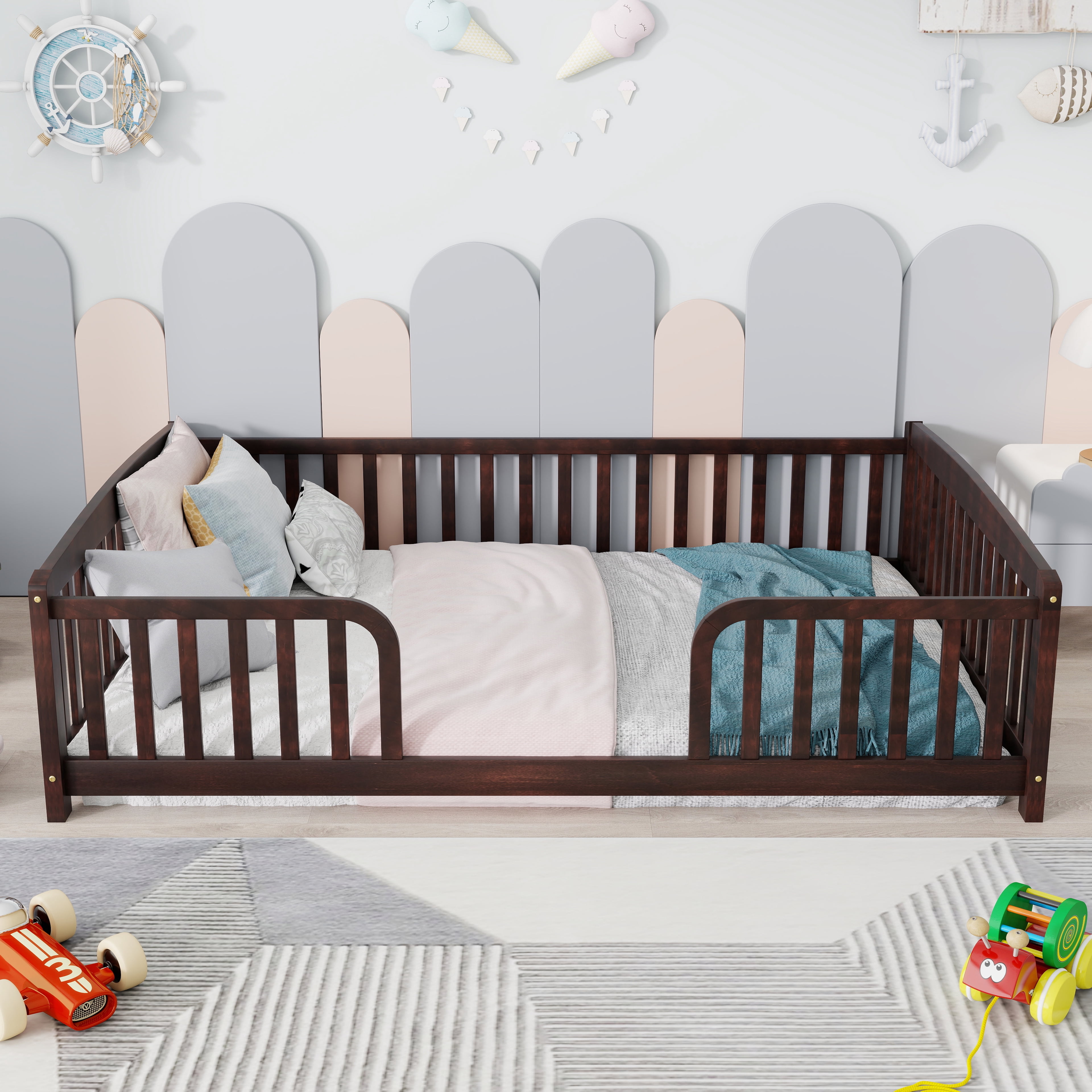Mintazer Full Size Toddler Floor Bed with Guardrails & Central Entrance, Espresso