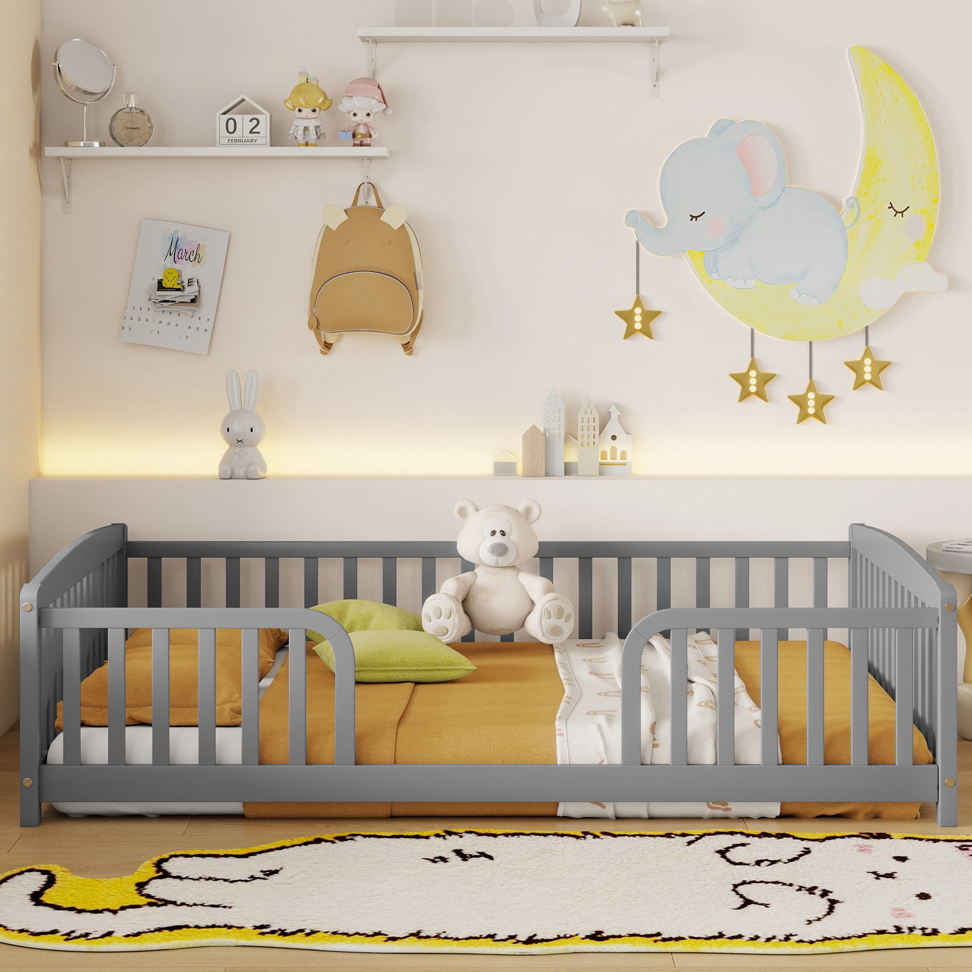 Mintazer Full Size Toddler Floor Bed with Guardrails & Central Entrance, Grey