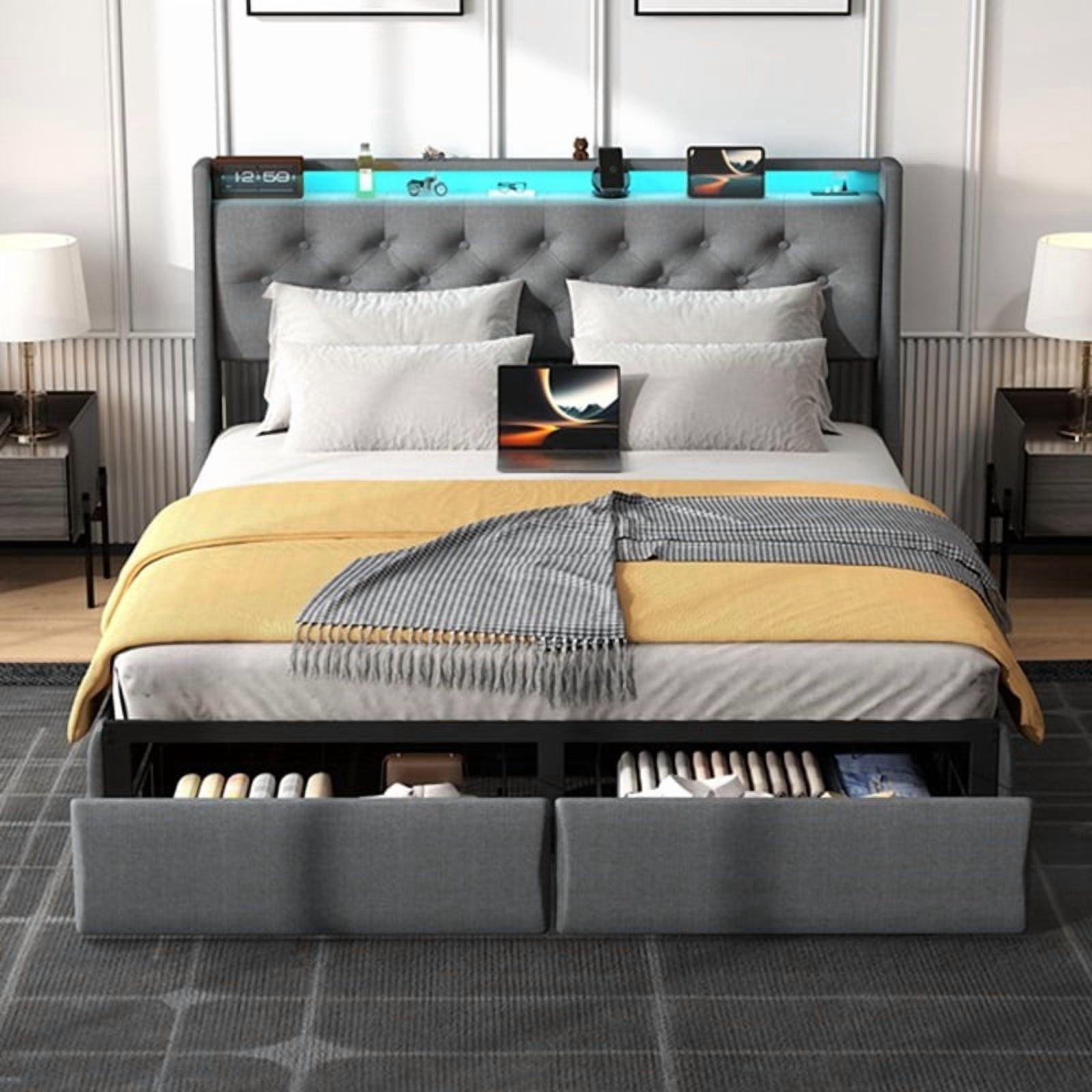 Mintazer Full Size Tufted Upholstered Storage Bed Frame with LED Light & Charging Station, Platform Bed Frame with 2 Foot Drawers, No Box Spring Required, Grey