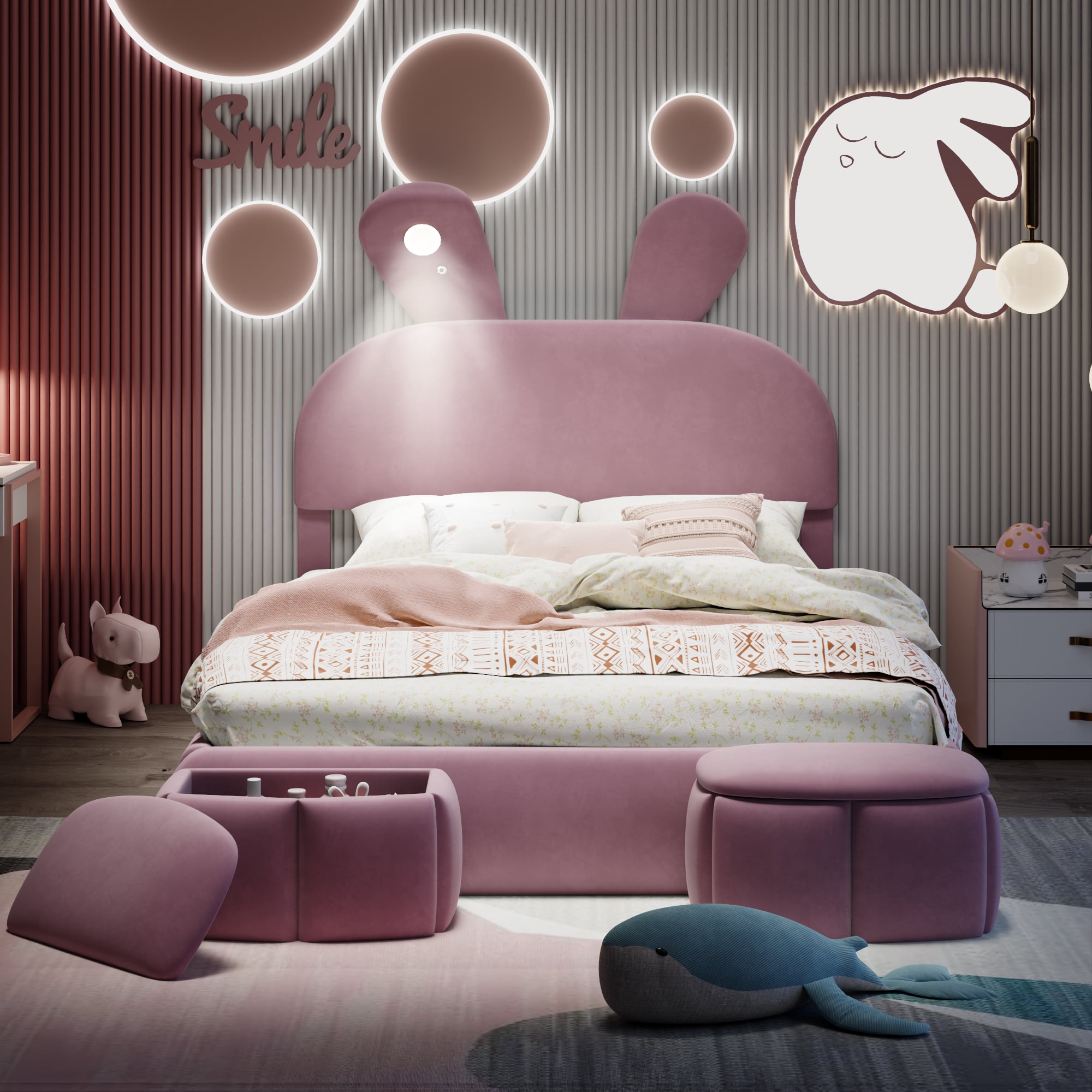 Mintazer Full Size Upholstered Bed with Bunny Ears Shaped Headboard, Platform Bed with LED Light & Storage Stools for Kids Adult Girl Bedroom Apartment, Pink