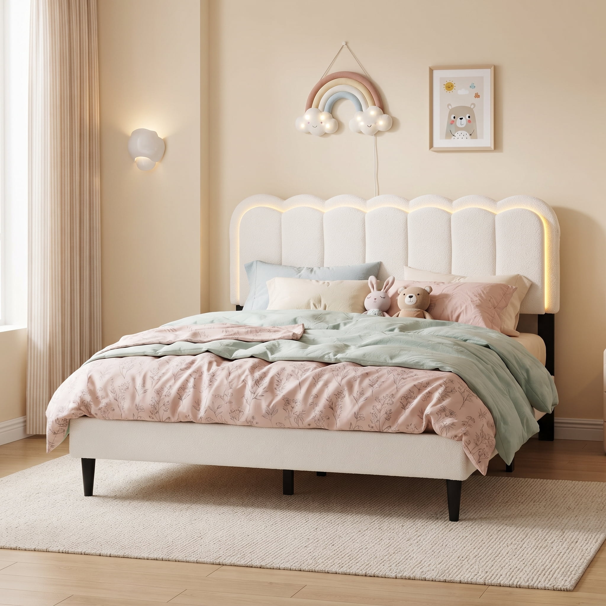 Mintazer Full Size Upholstered Platform Bed Frame with Scalloped Tufted Headboard and LED Light, Boucle Bed for Bedroom, No Box Spring Needed, White