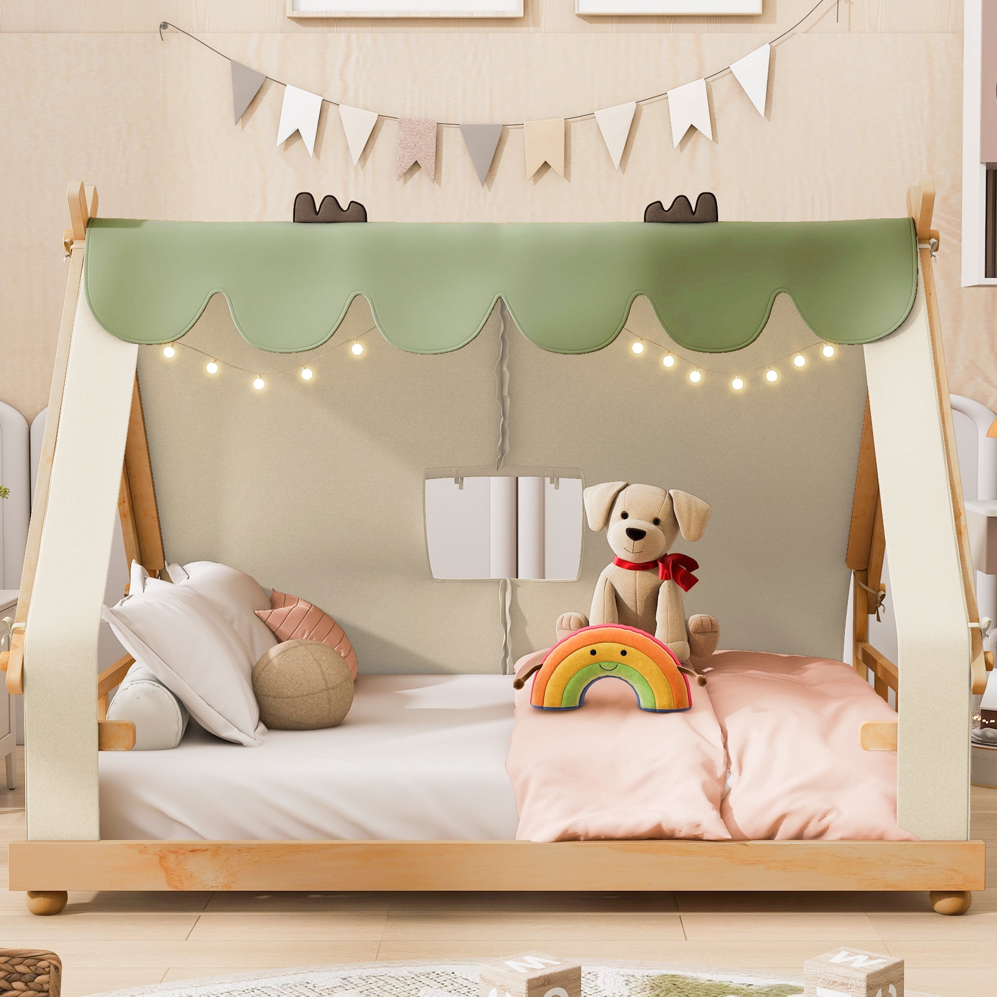 Mintazer Full Teepee Tent Bed with LED Lights, Kids House Bed with Removable Canopy, Natural