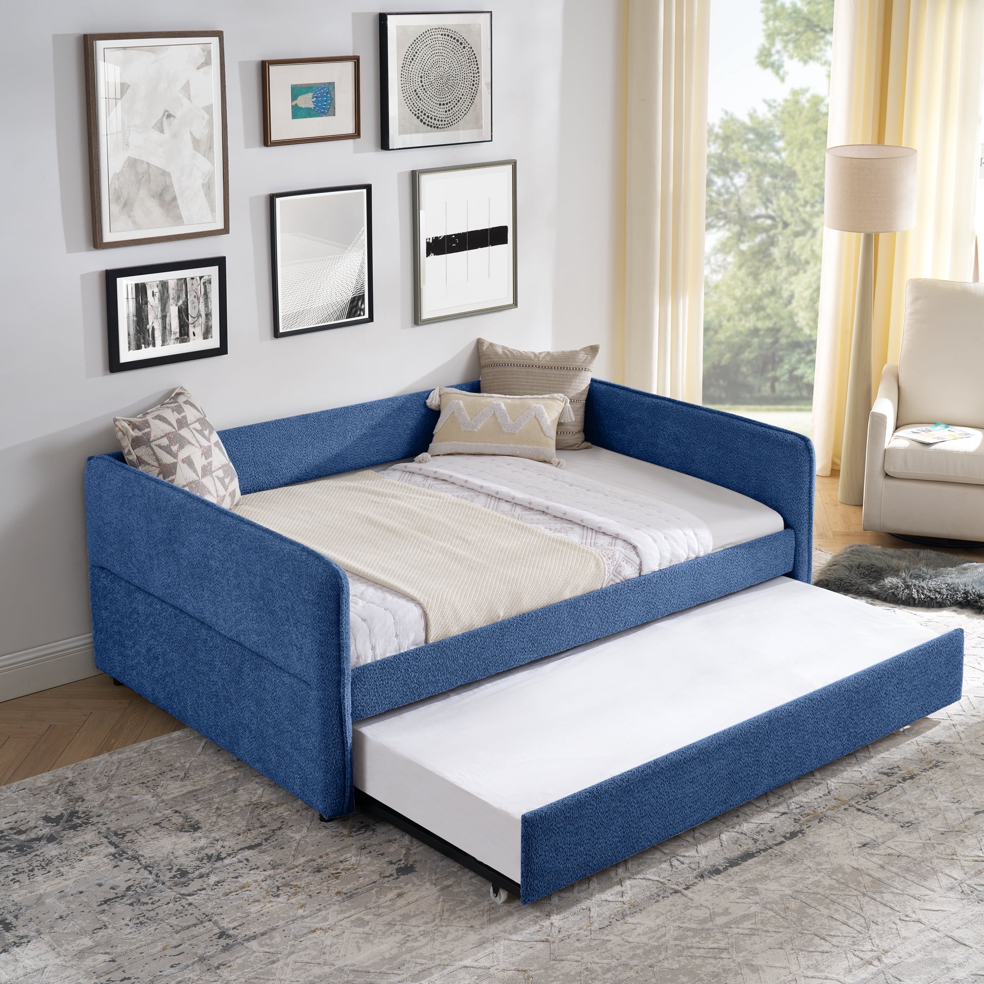 Mintazer Full Upholstered Daybed with Trundle, Boucle Fabric Sofa Bed for Living Room & Bedroom, Blue