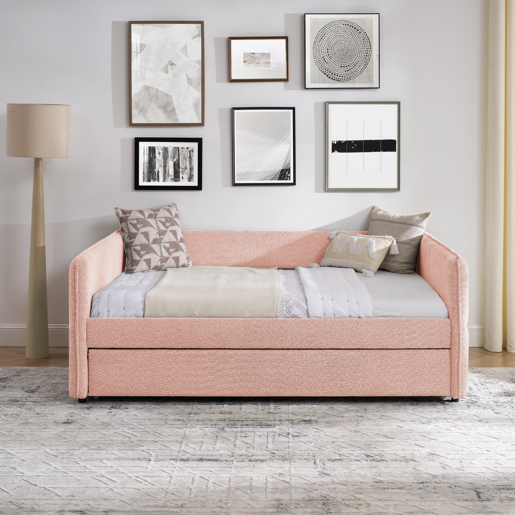 Mintazer Full Upholstered Daybed with Trundle, Boucle Fabric Sofa Bed for Living Room & Bedroom, Pink