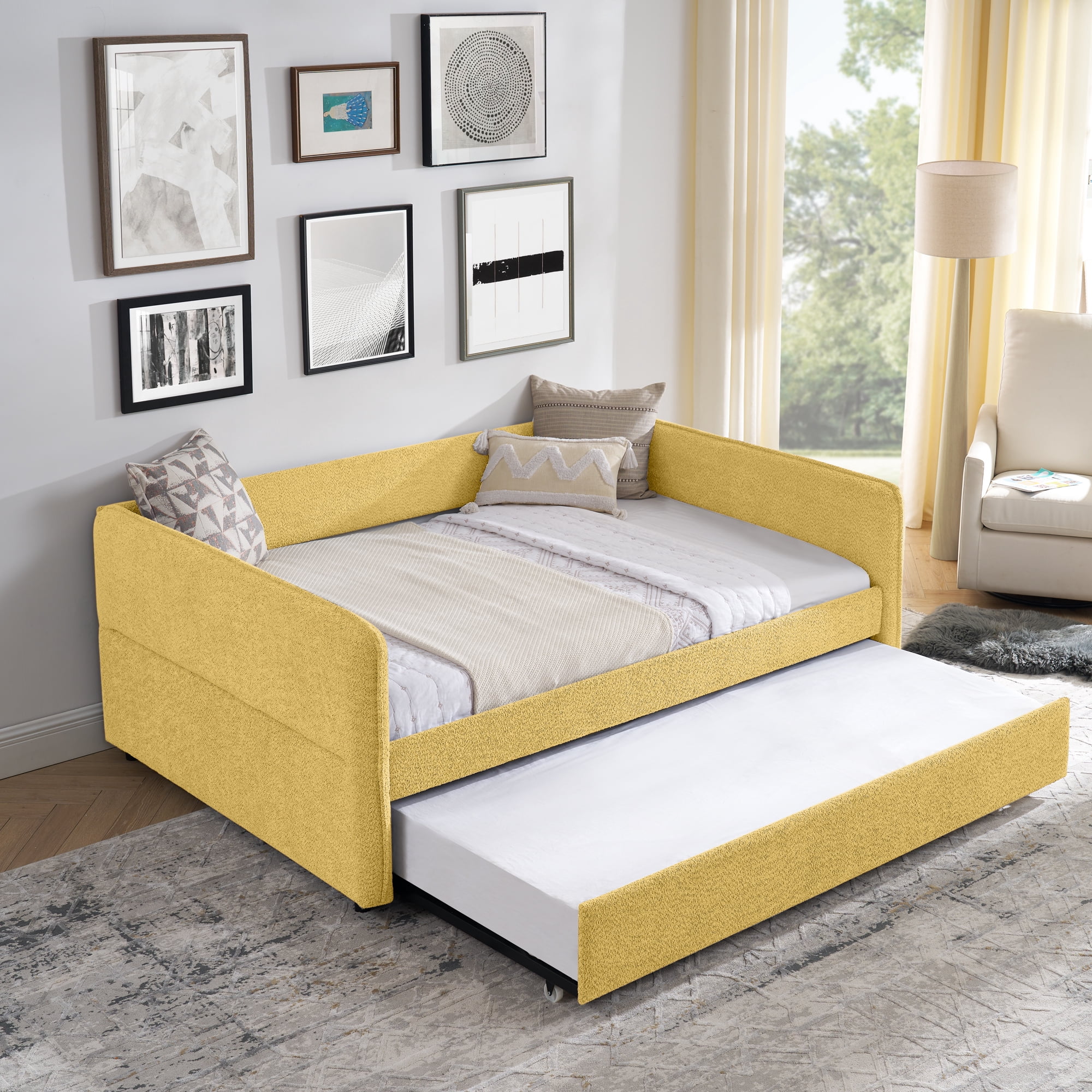 Mintazer Full Upholstered Daybed with Trundle, Boucle Fabric Sofa Bed for Living Room & Bedroom, Yellow