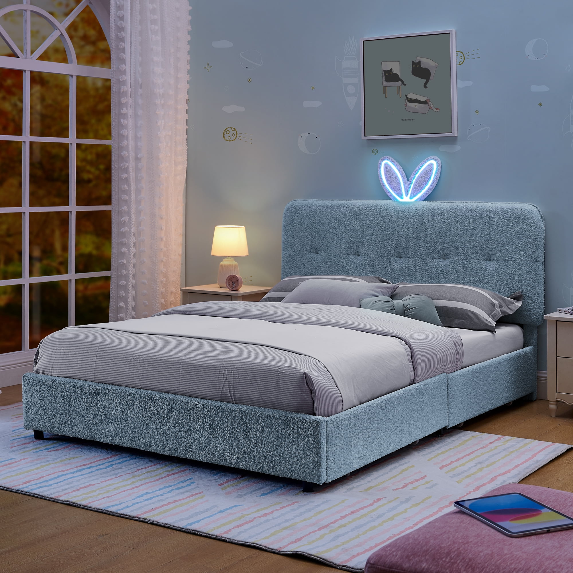 Mintazer Full Upholstered Kids Bed with Oversized Rabbit Ear Headboard, Boucle Fabric Platform Bed with LED Headboard & 4 Storage Drawers, Blue