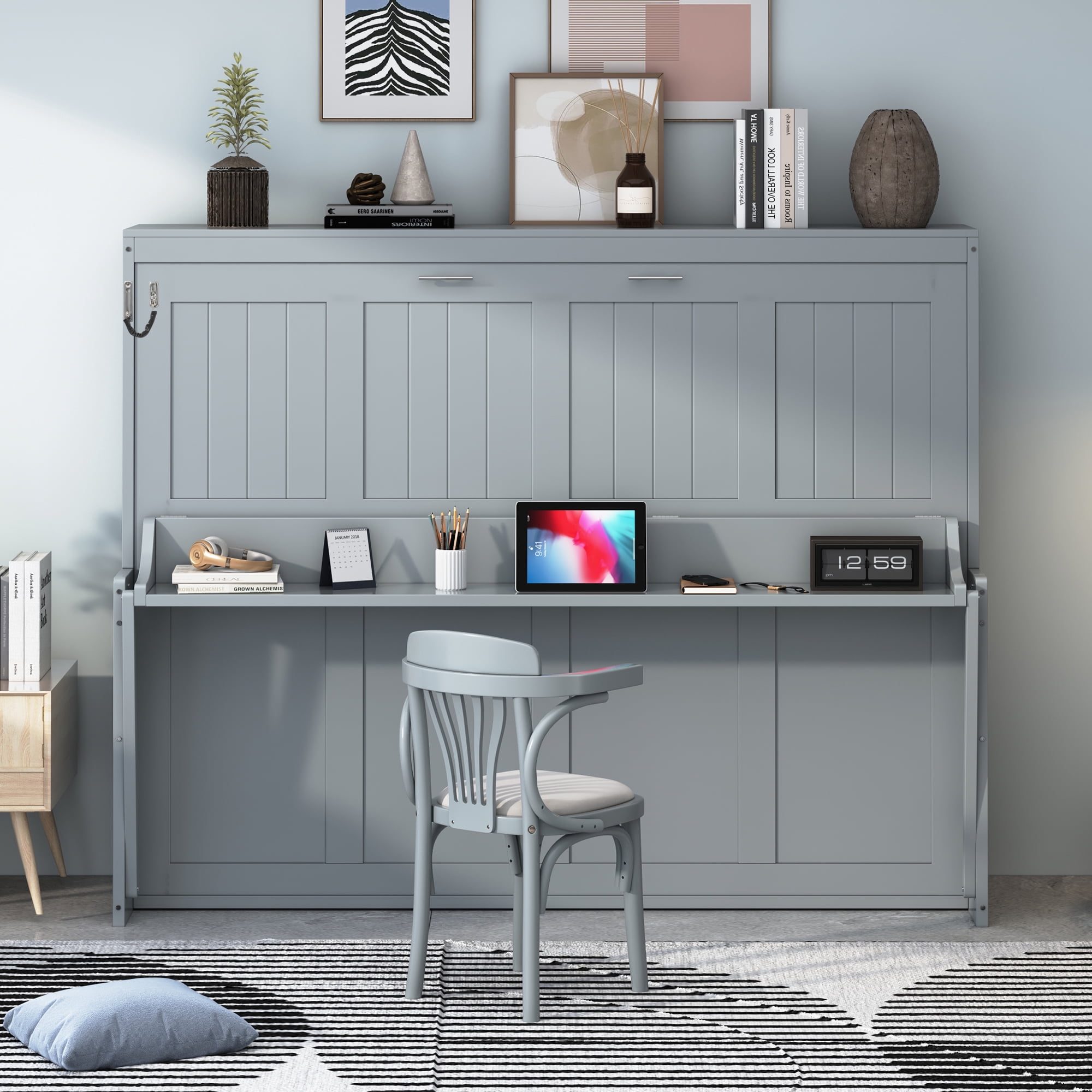 Mintazer Full Wall Murphy Bed with Desk & Hydraulic Lift, Multifunctional Foldable Bed for Small Spaces Apartments, Gray