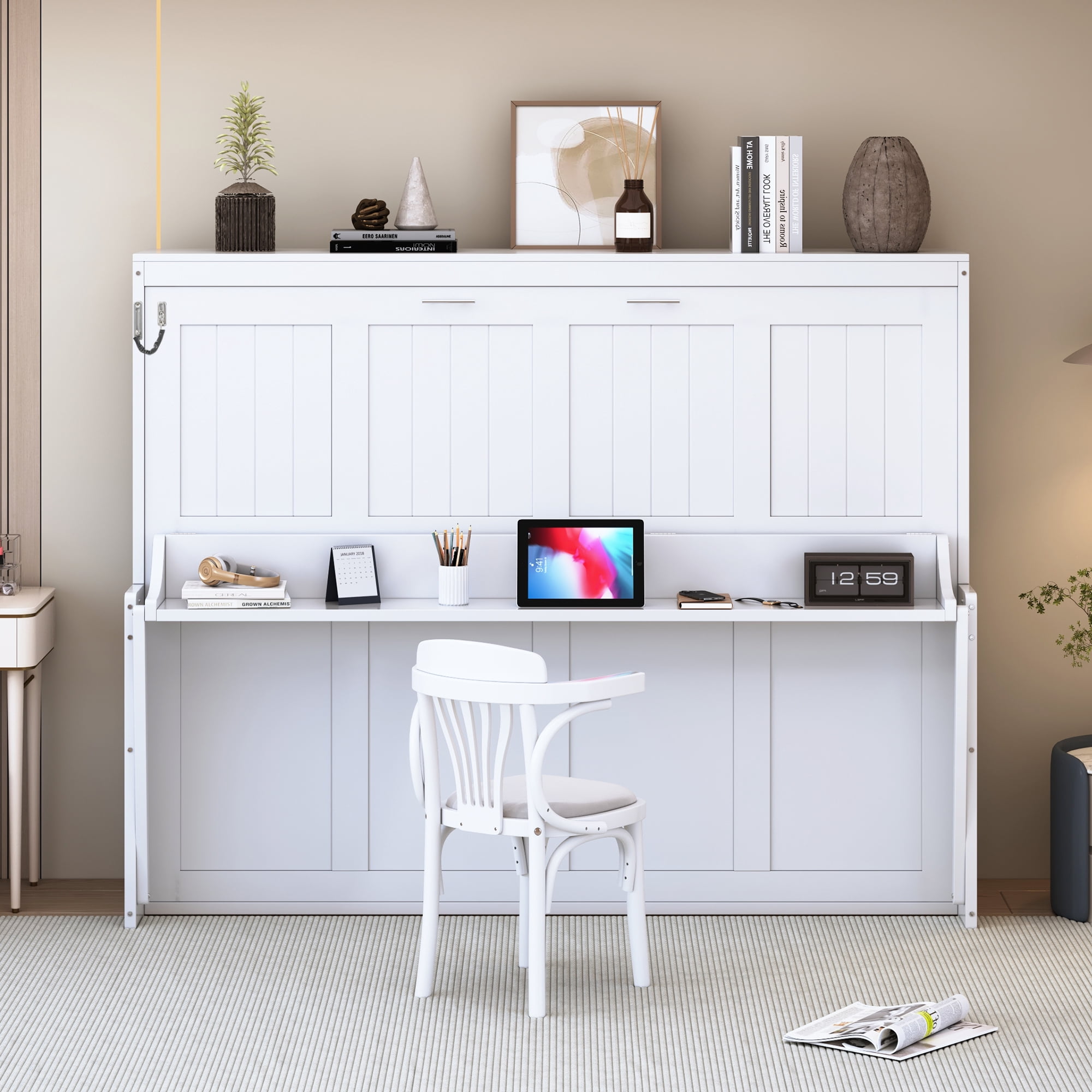 Mintazer Full Wall Murphy Bed with Desk & Hydraulic Lift, Multifunctional Foldable Bed for Small Spaces Apartments, White