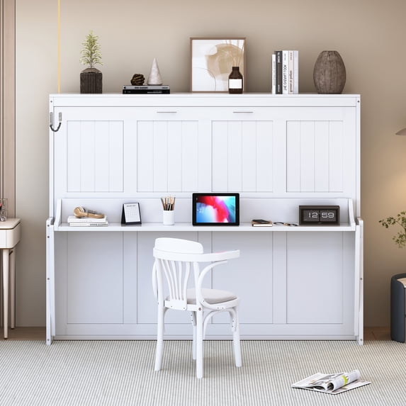 Mintazer Full Wall Murphy Bed with Desk & Hydraulic Lift, Multifunctional Foldable Bed for Small Spaces Apartments, White