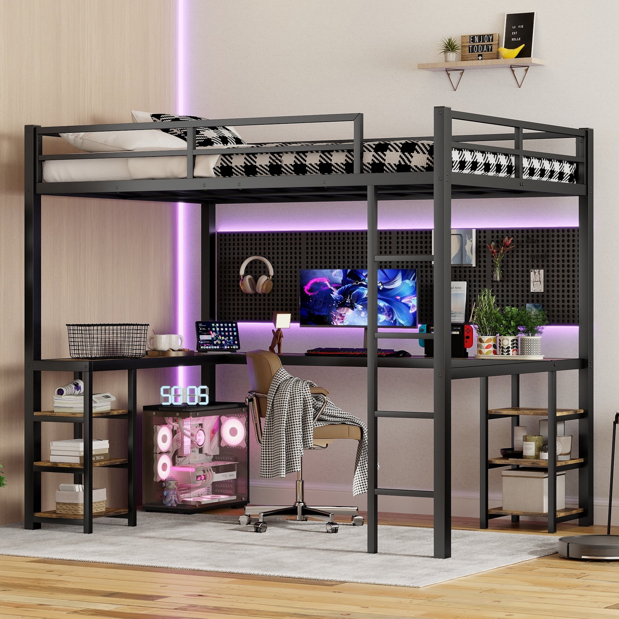 Mintazer Full XL Loft Bed with L-Shaped Desk & Storage Shelves, Metal Loft Bed Frame with Ladder and Guardrails for Bedroom, Black