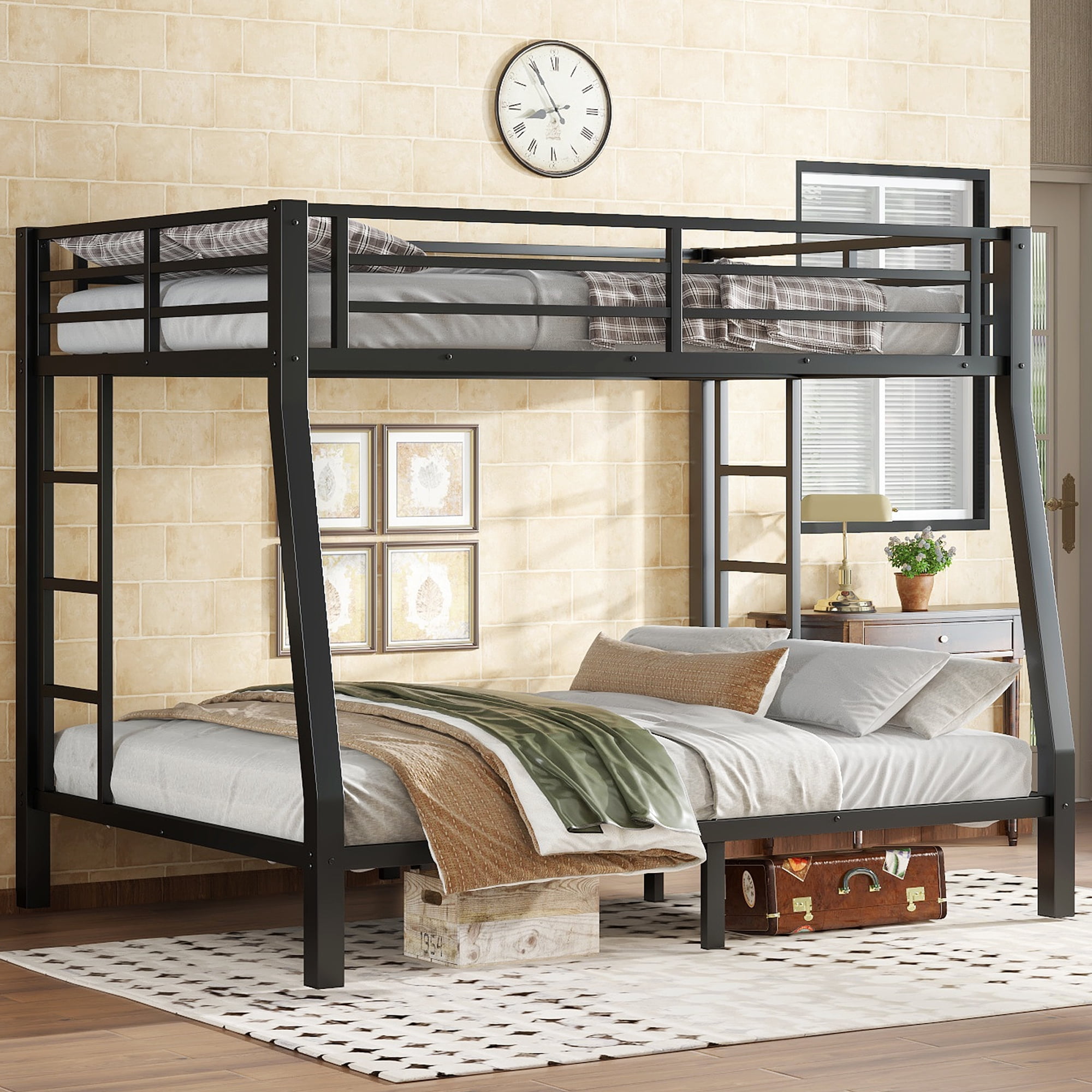 Mintazer Full XL Over Queen Metal Bunk Bed with Guardrails & 2 Ladders and Under-Bed Storage for Teens Adults Bedroom, Black
