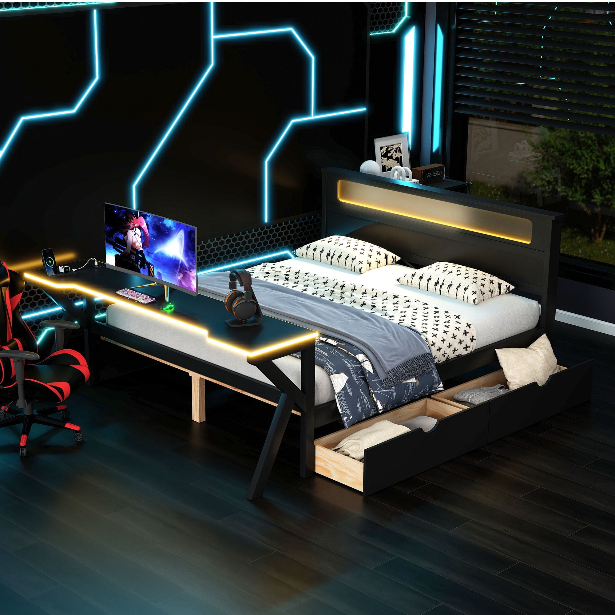 Mintazer Gaming Bed with Desk & Charging Station, Full Platform Bed with 2 Storage Drawers & LED Lighting Dorm Bedroom, Black