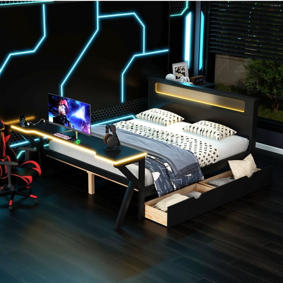 Mintazer Gaming Bed with Desk & Charging Station, Full Platform Bed with 2 Storage Drawers & LED Lighting Dorm Bedroom, Black