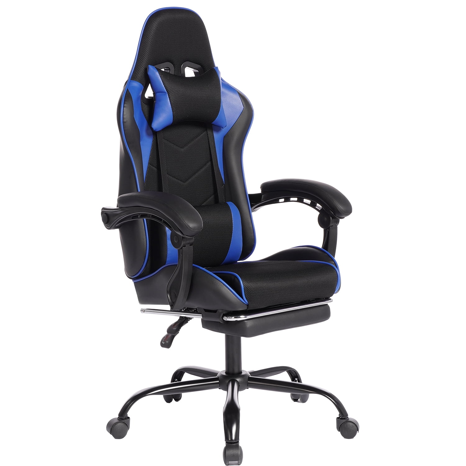 Mintazer Gaming Chairs with Footrest, Massage Leather Computer Game Chair with Headrest and Lumbar Support, E-Sports Chair for Adults Home Office, Black & Blue