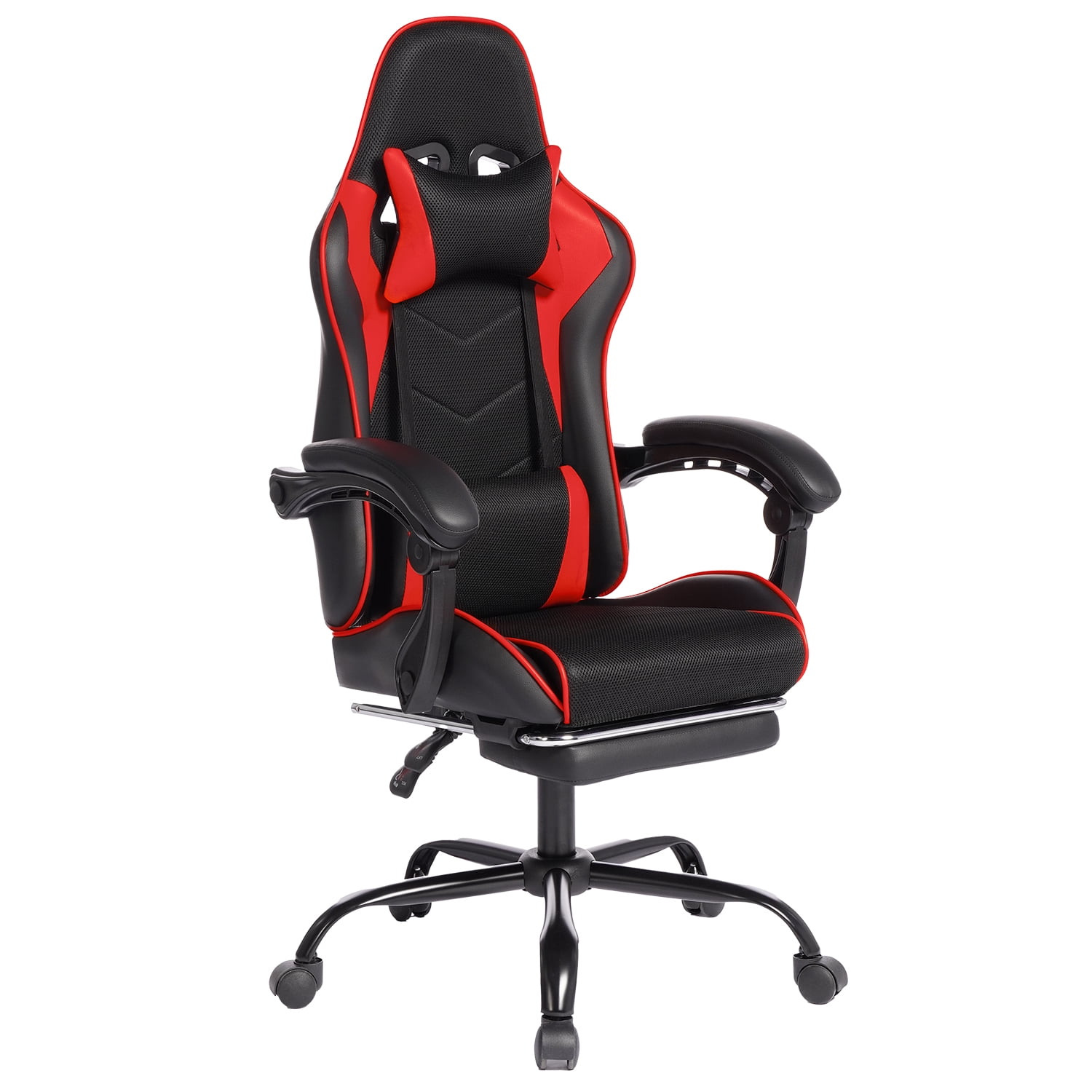 Mintazer Gaming Chairs with Footrest, Massage Leather Game Computer Chair with Headrest and Lumbar Support, E-Sports Chair for Adults Home Office, Black & Red