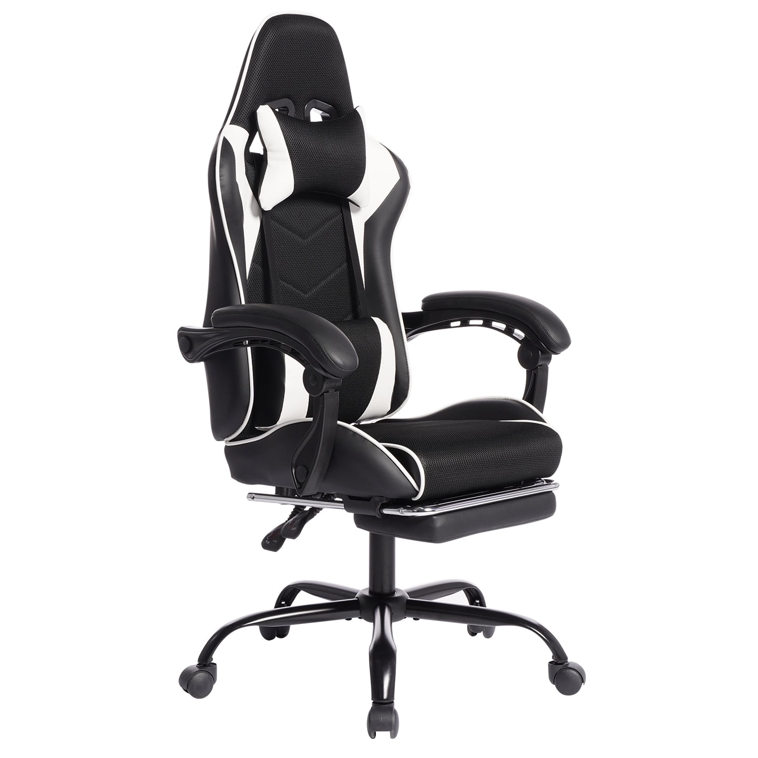 Mintazer Gaming Chairs with Footrest, Massage Leather Game Computer Chair with Headrest and Lumbar Support, E-Sports Chair for Adults Home Office, Black & White