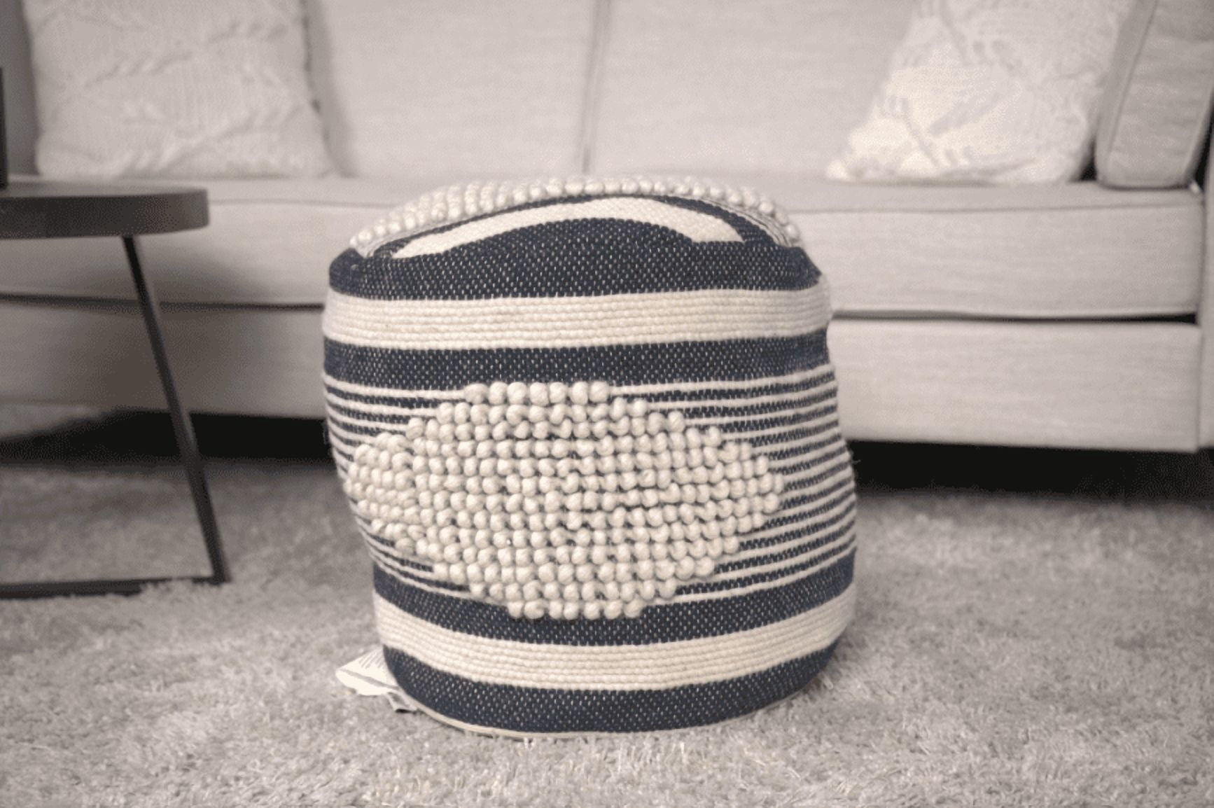 Mintazer Handcrafted Fabric Cylindrical Pouf Chair, Striped Round Pouf for Living Room Bedroom, Dark Grey