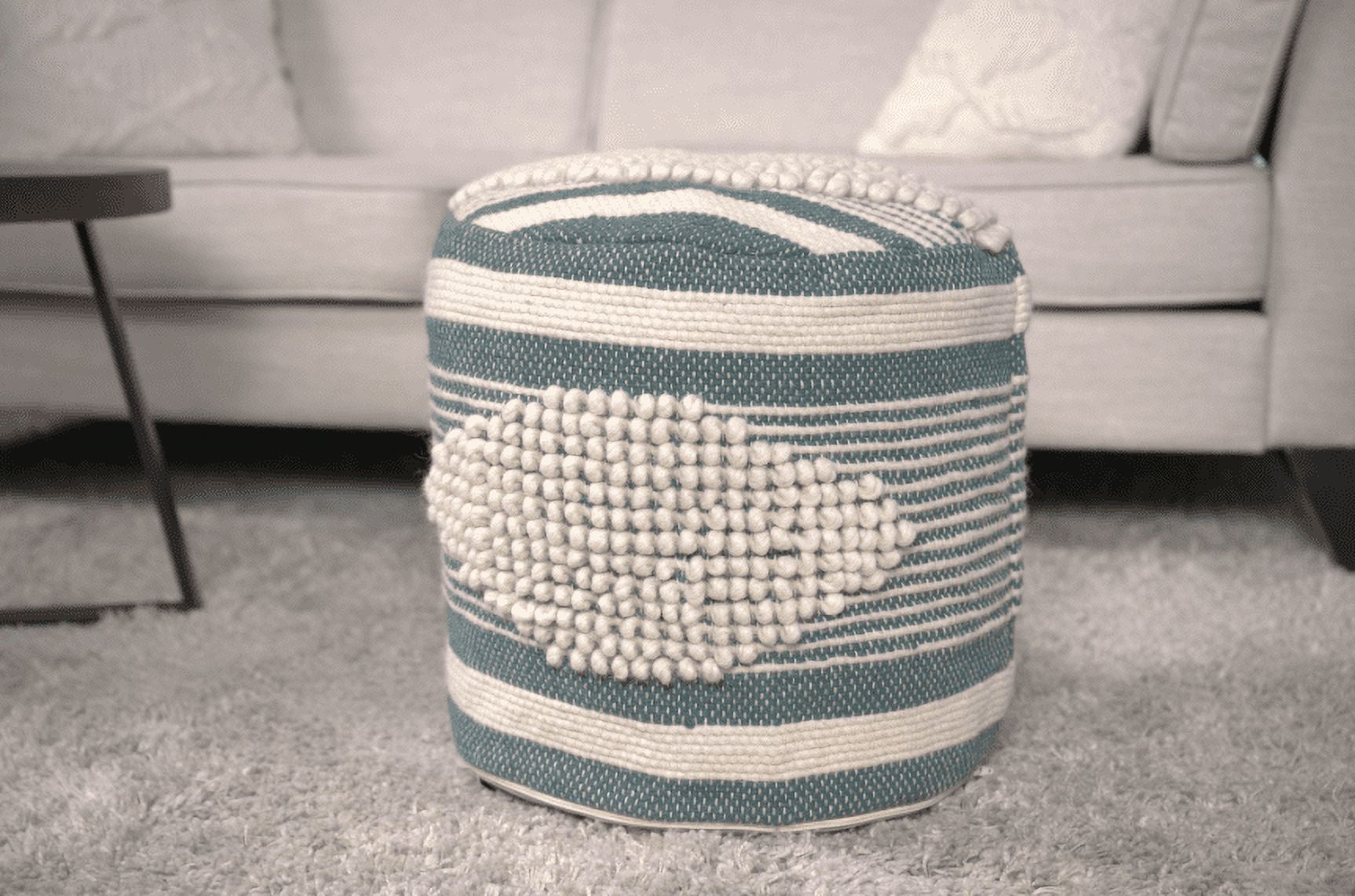 Mintazer Handcrafted Fabric Cylindrical Pouf Chair, Striped Round Pouf for Living Room Bedroom, Teal