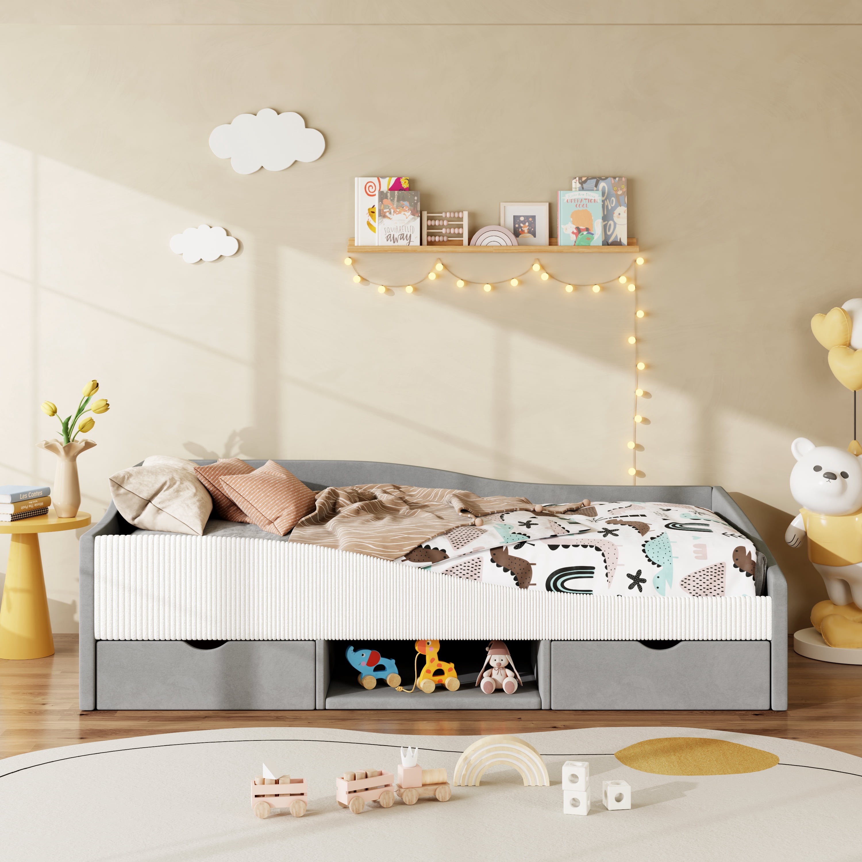 Mintazer Kids Twin Cool Upholstered Daybed Frame with 2 Storage Drawers & Open Shelf & Guardrail for Todder Boys Girls, Gray