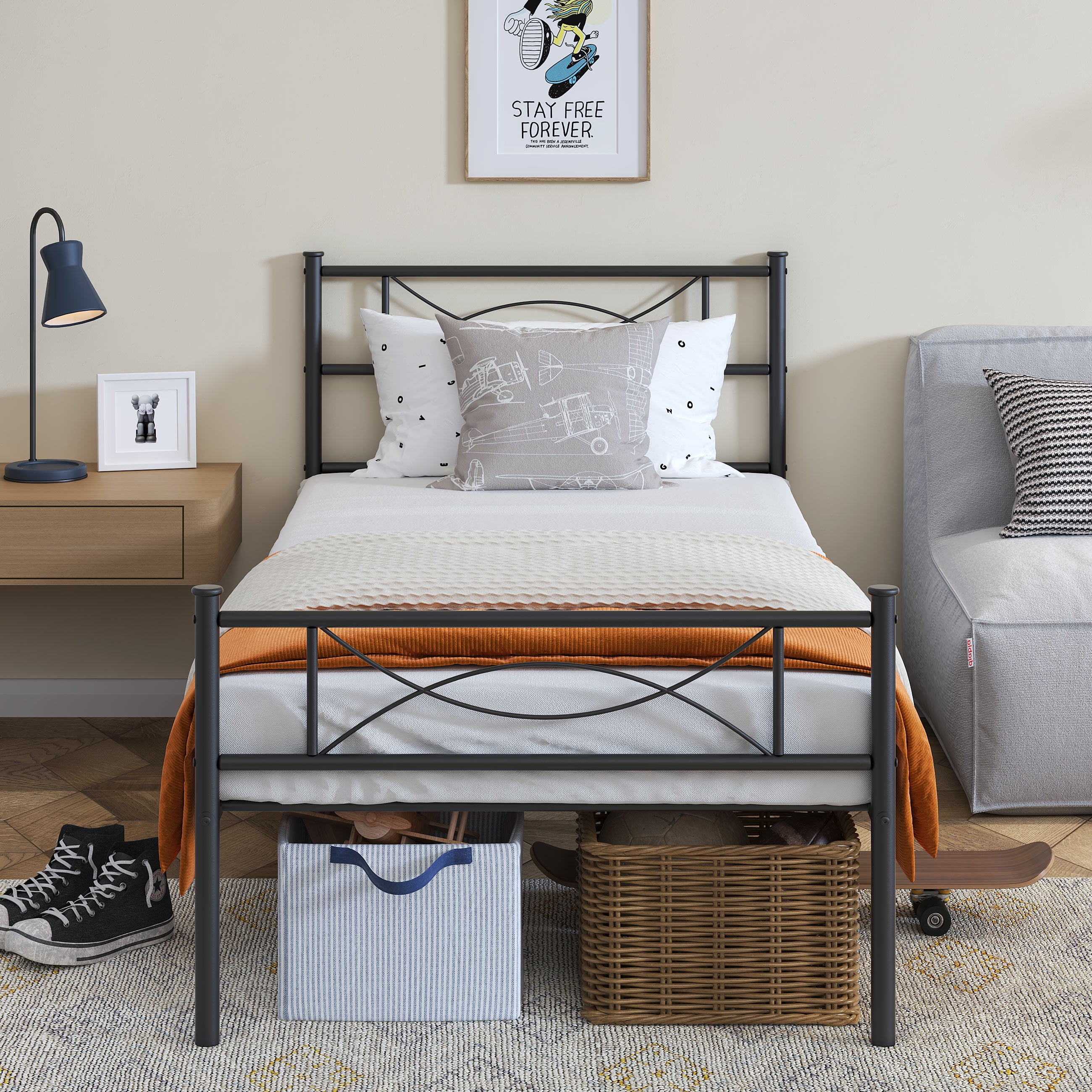 Mintazer Kids Twin Metal Platform Bed Frame with Cute Bowknot Headboard & Footboard for Boys Girls Teens, Black