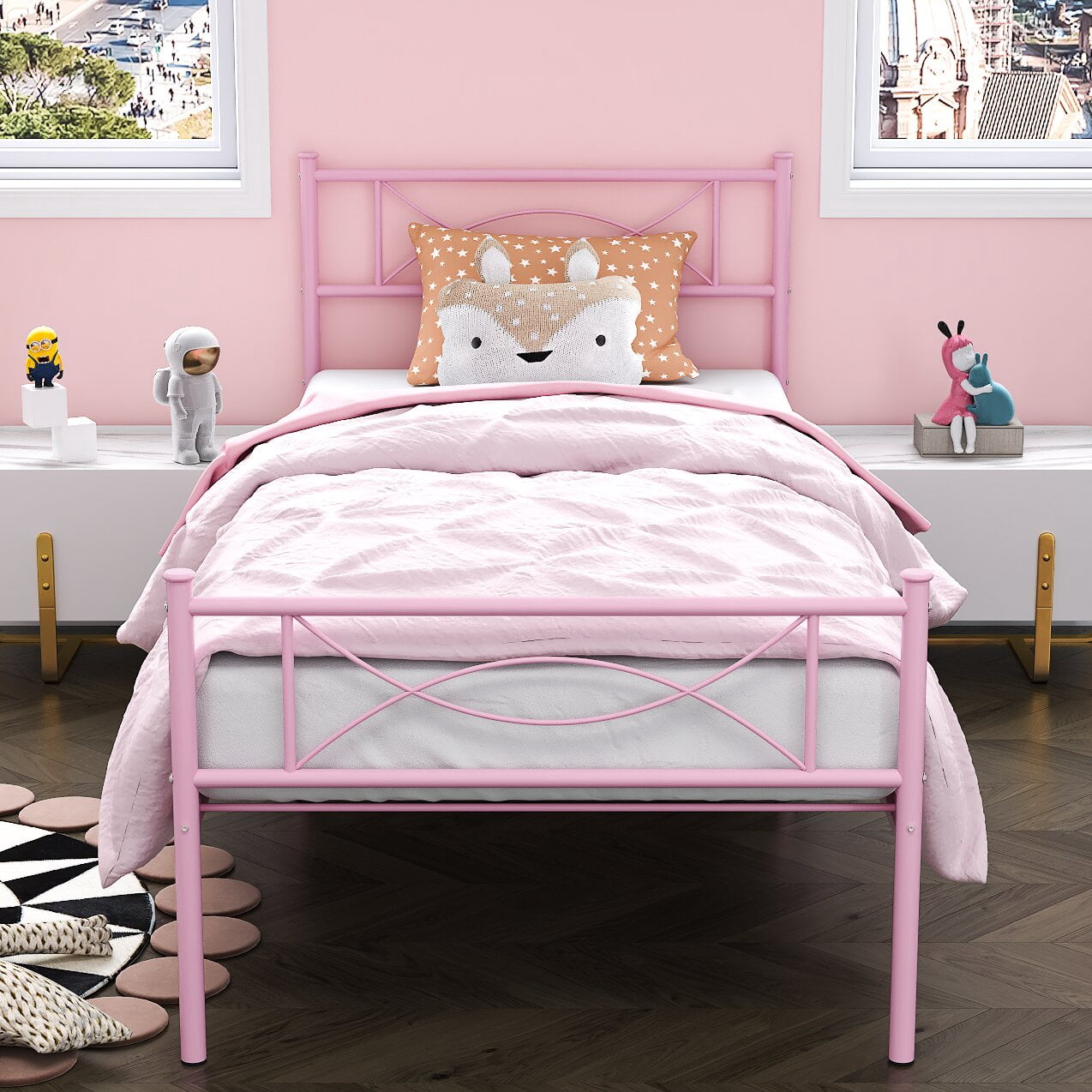 Mintazer Kids Twin Metal Platform Bed Frame with Cute Bowknot Headboard & Footboard for Boys Girls Teens, Pink