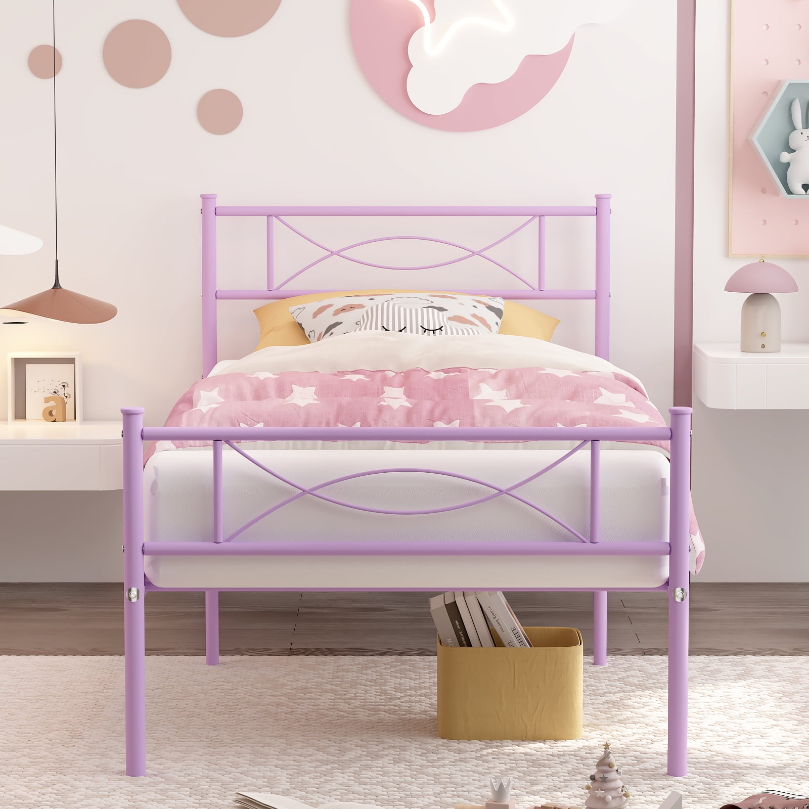 Mintazer Kids Twin Metal Platform Bed Frame with Cute Bowknot Headboard & Footboard for Boys Girls Teens, Purple