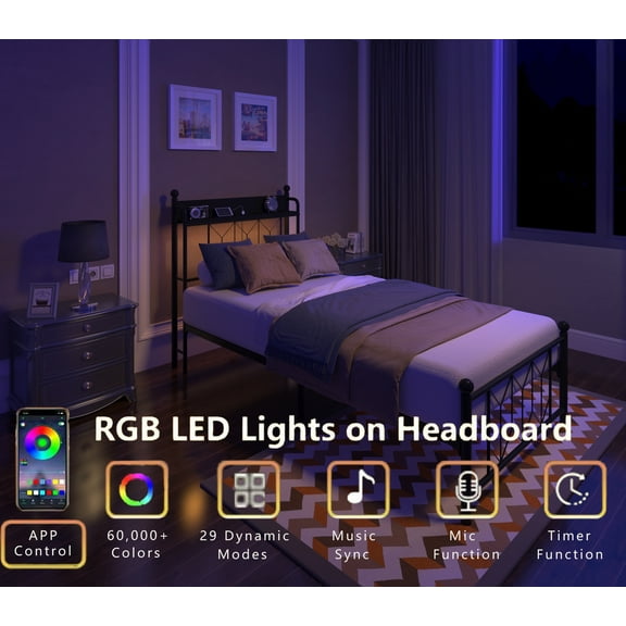 Mintazer Kids Twin Metal Platform Bed Frames with LED Storage Headboard and USB Charging Station for Teens Child, Black