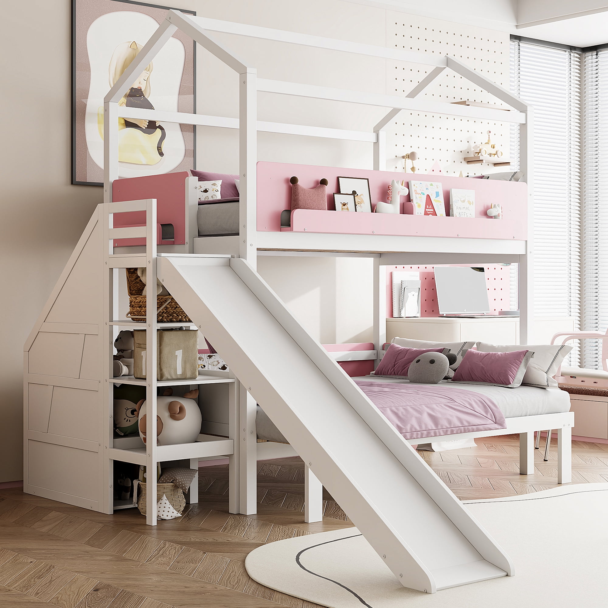 Mintazer Kids Twin Over Full Bunk Bed House-Shaped Bed Frame with Slide & Storage Staircase for Children Bedroom, Pink