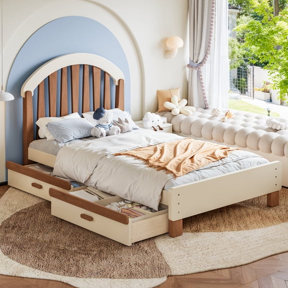 Mintazer Kids Twin Size Platform Bed Frame with 2 Storage Drawers & Curved Round Headboard, No Box Spring Needed, Brown & Beige