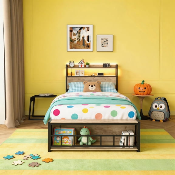 Mintazer Kids Twin Size Power Outlet Headboard and Footboard Shelves Storage Metal Platform Bed Frame with LED Light and USB Charging for Boys Girls, Gray