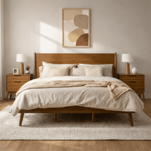 Mintazer King Platform Bed Frame, Mid-Century Bed with Panel Headboard & Splayed Legs, No Box Spring Required, Brown