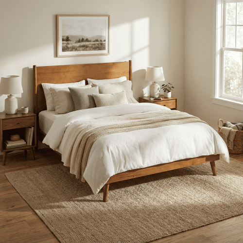Mintazer King Platform Bed Frame, Mid-Century Bed with Panel Headboard & Splayed Legs, No Box Spring Required, Natural