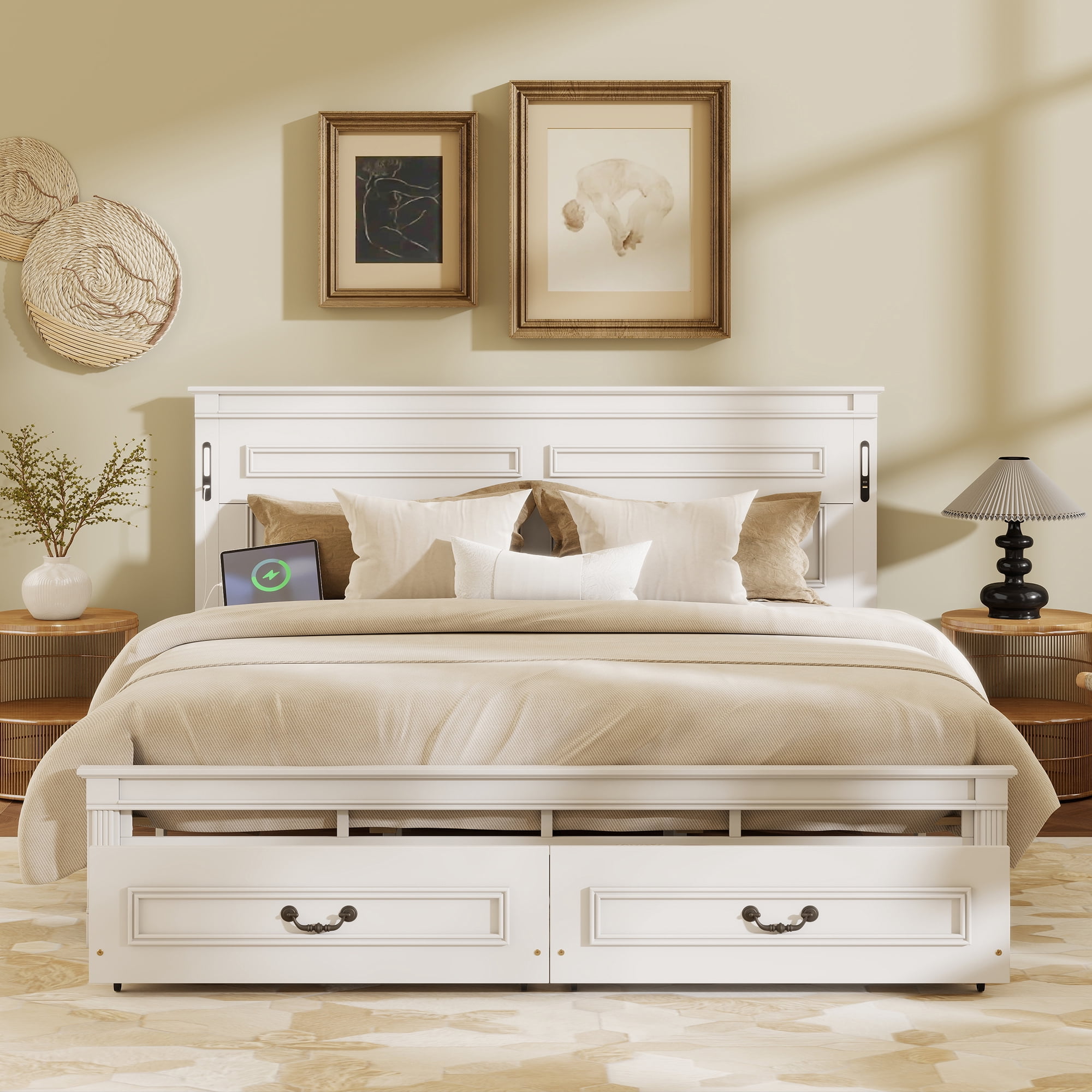 Mintazer King Size Bed Frame with LED Light & Charging Station, Modern Platform Bed with 2 Storage Drawers & Tall-Panel Headboard, White