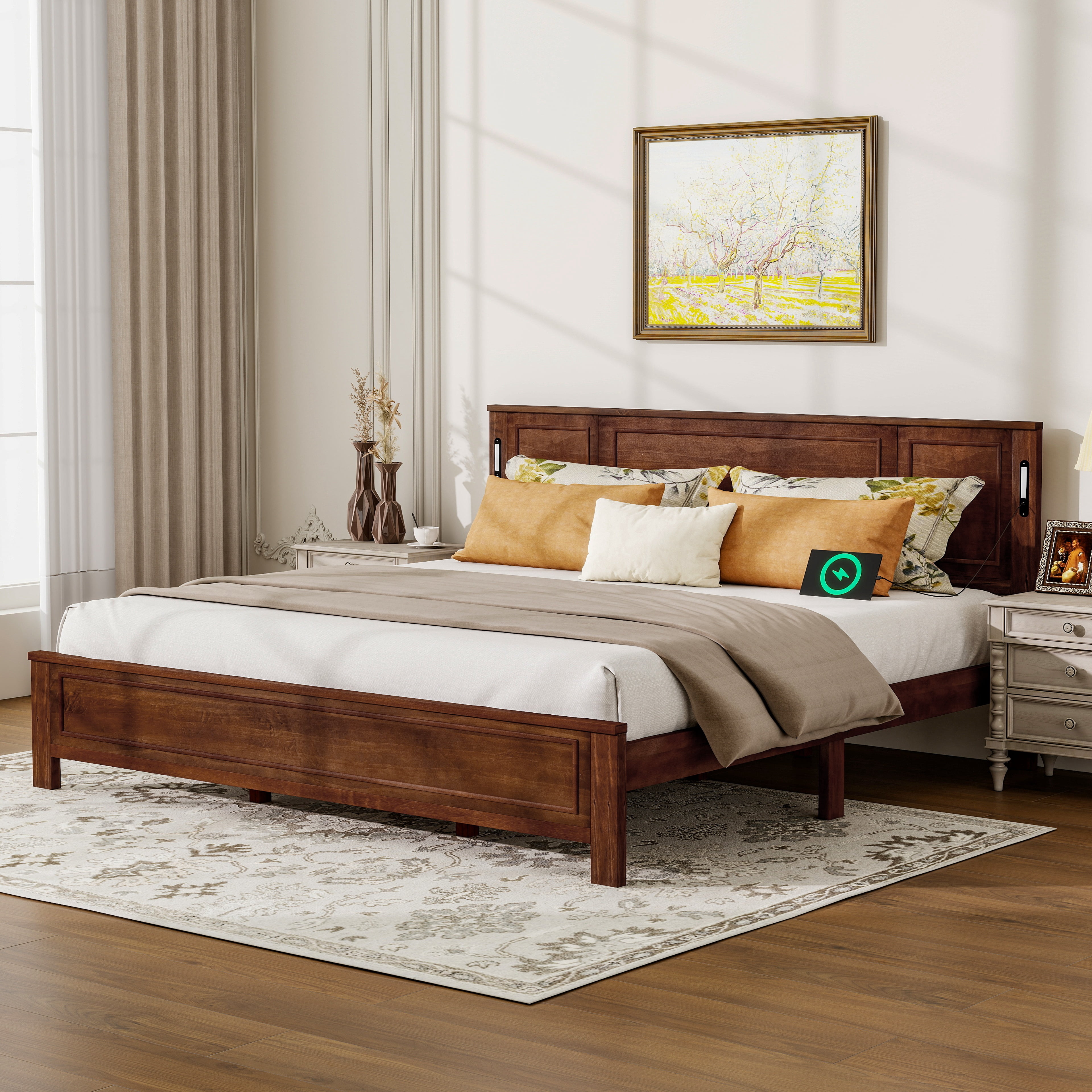 Mintazer King Size Bed Frame with LED Light & USB Charging Station, Modern Platform Bed with Under-Bed Storage & Tall-Panel Headboard, Walnut