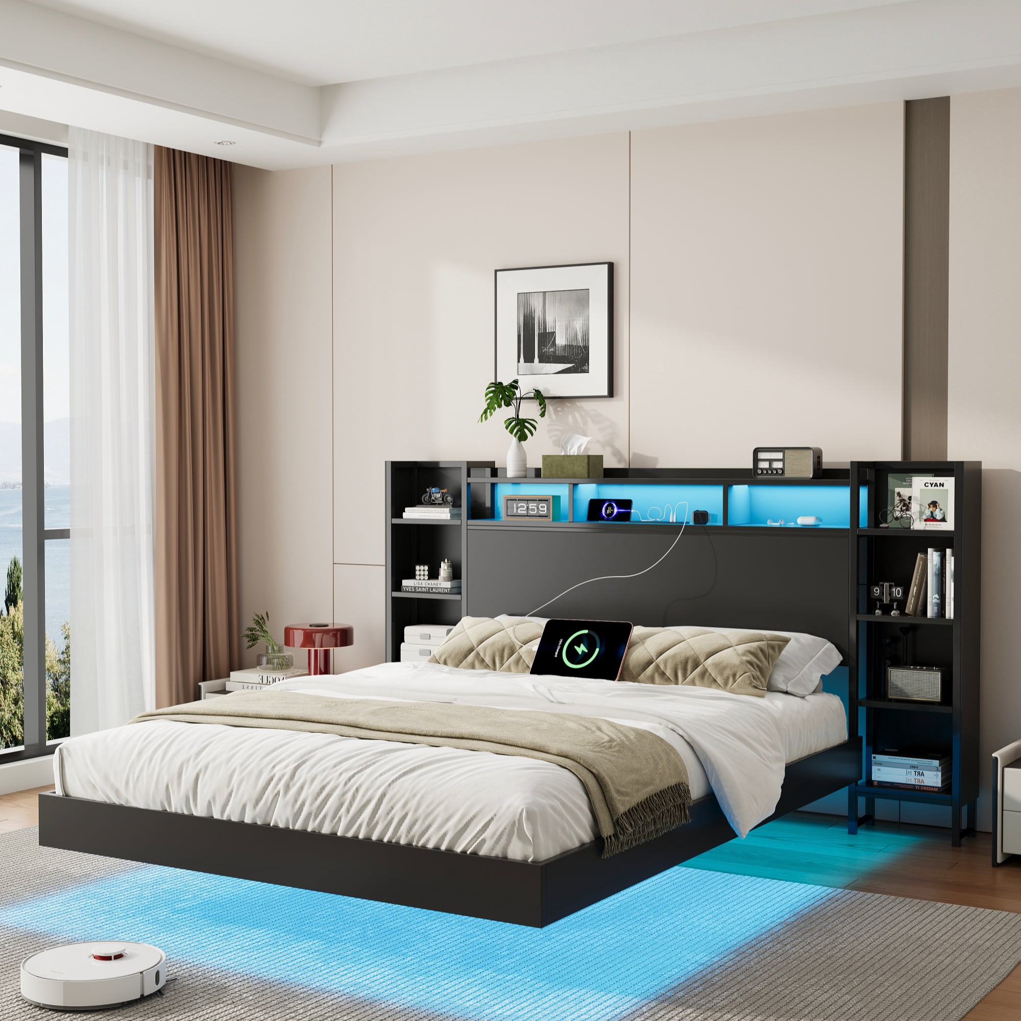Mintazer King Size Floating Bed Frame with LED Bookshelf Headboard & Charging Station, Modern Platform Bed for Bedroom Guest Room, Black