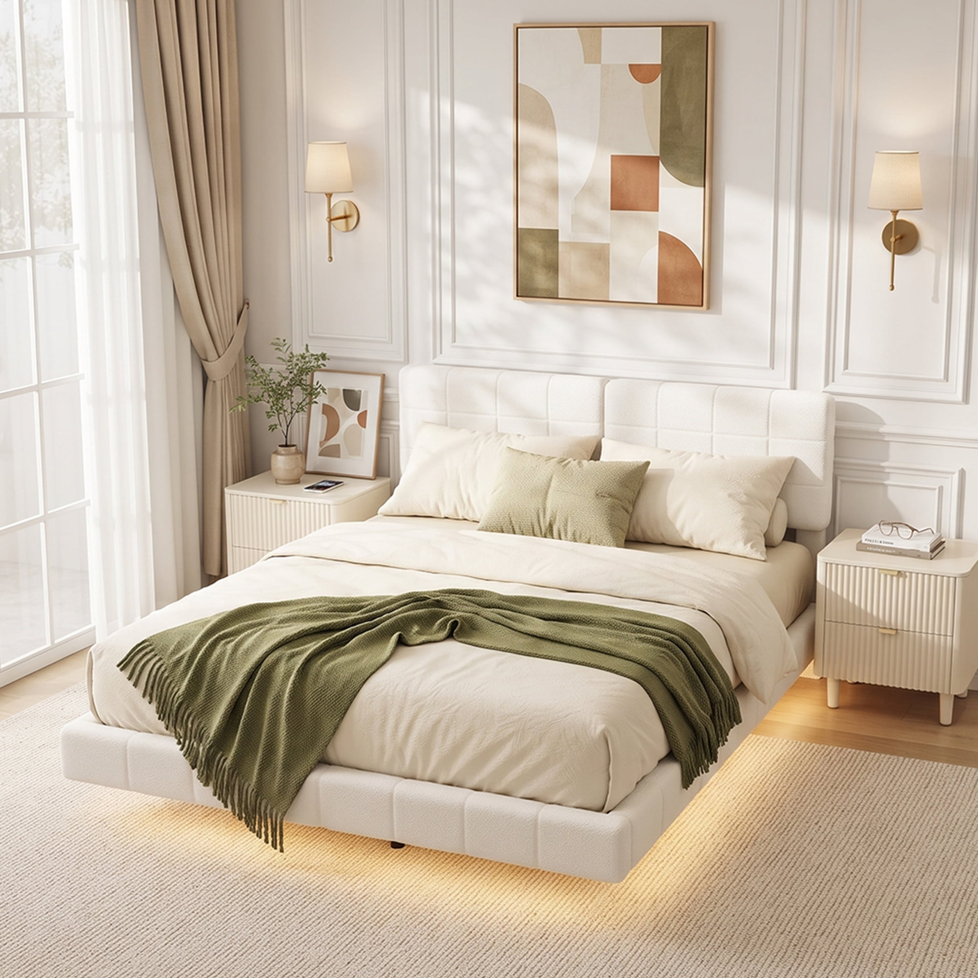 Mintazer King Size Floating Upholstered Platform Bed Frame with Grid Tufted Headboard and LED Lights, Boucle Fabric Bed for Bedroom, No Box Spring Needed, White