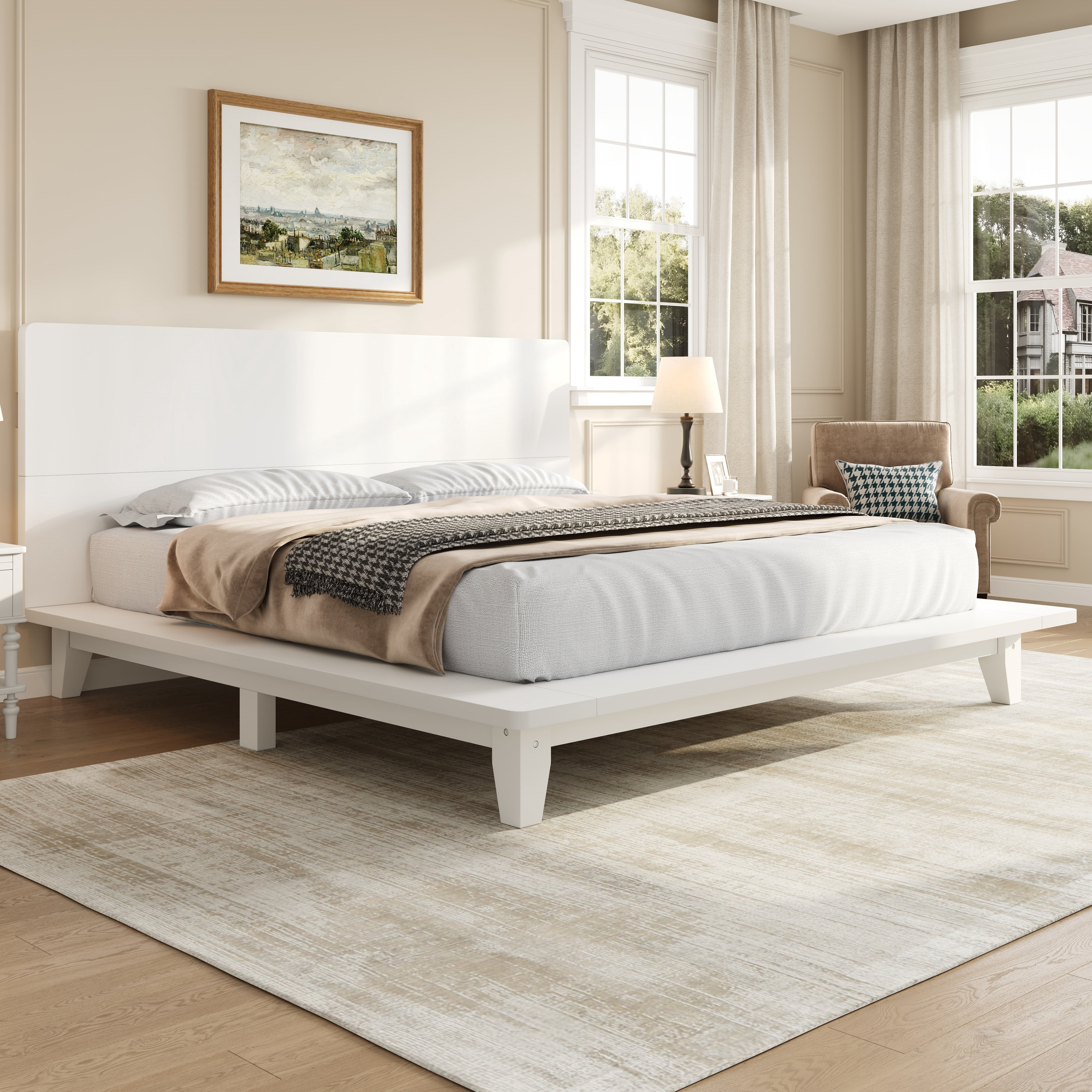 Mintazer King Size Platform Bed Frame with Headboard, Modern Bed with Slatted Support, No Box Spring Needed, White