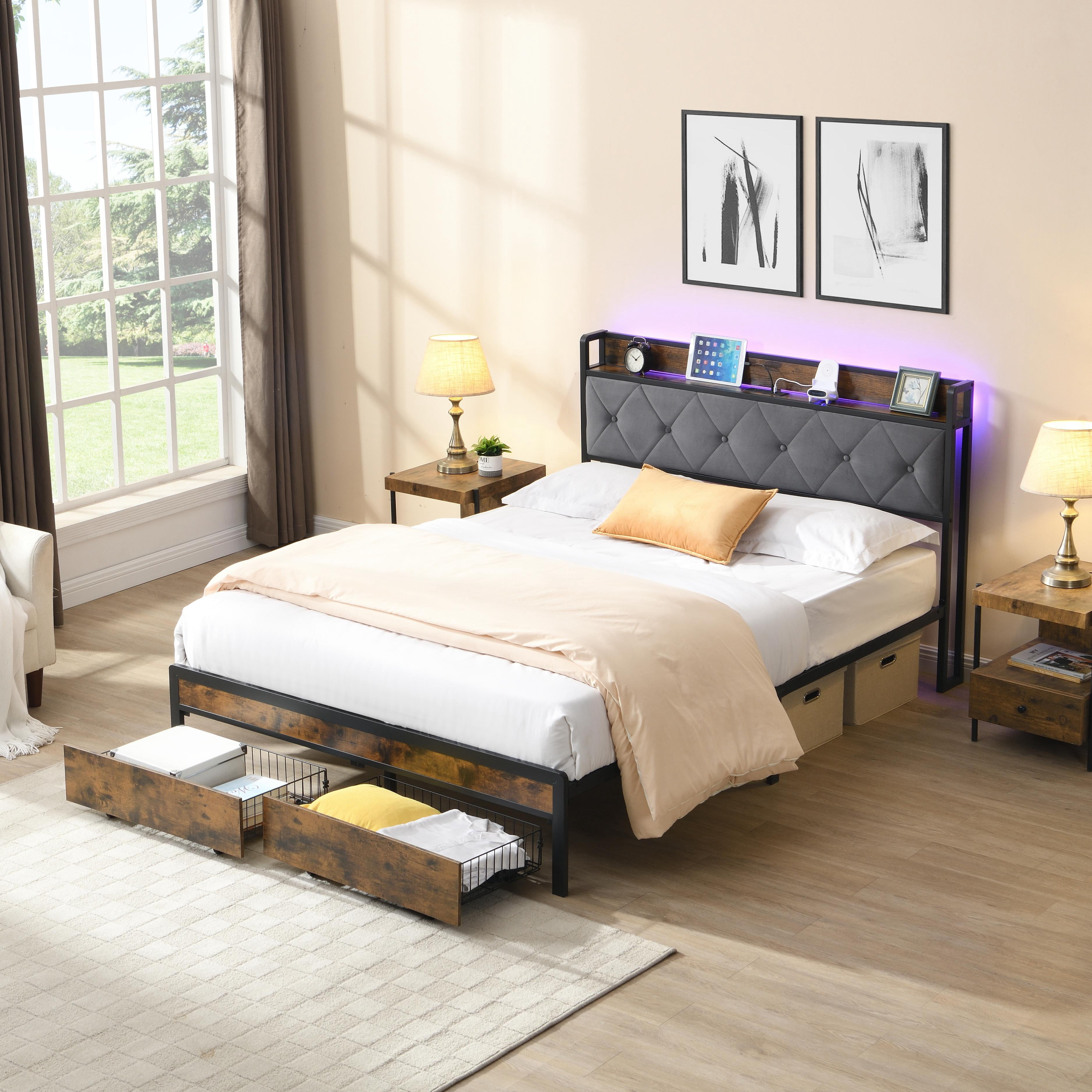 Mintazer King Size Platform Bed Frame with LED Lights Upholstered Headboard, USB Charging and 2 Storage Drawers, No Box Spring Needed, Gray