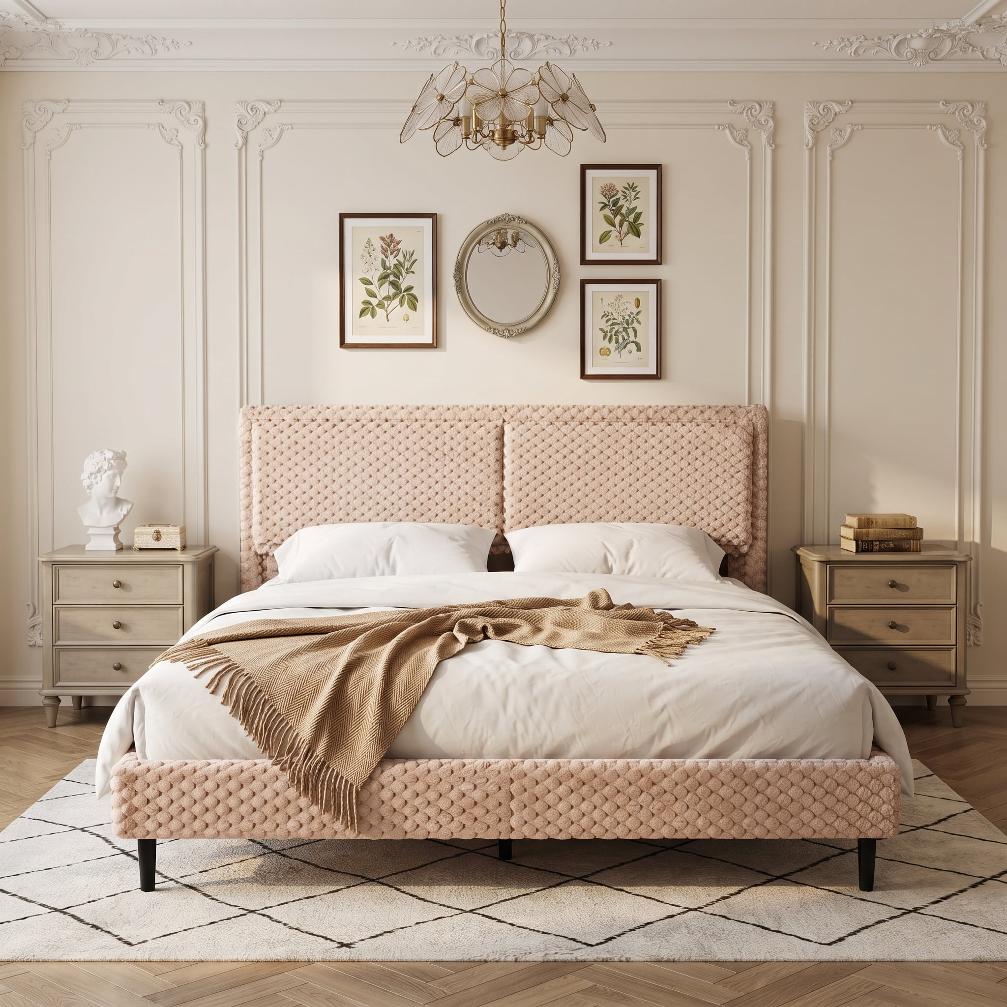 Mintazer King Size Upholstered Platform Bed Frame with Wingback Headboard, Textured Plush Fabric Bed with Metal Support, No Box Spring Needed, Camel