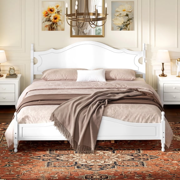 Mintazer King Size Vintage Curved Platform Bed Frame for Bedroom Guest Room, No Box Spring Needed, White
