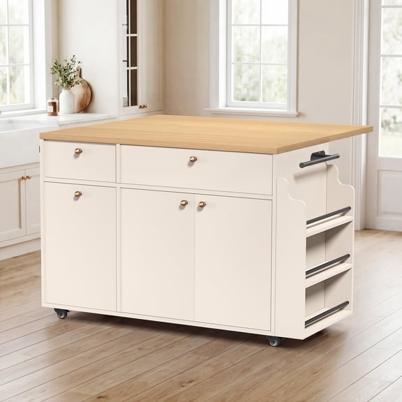 Mintazer Kitchen Island with Storage Rolling Kitchen Island Cart with Drop Leaf Extension, Drawers, Spice Rack, Towel Bar, Mobile Kitchen Cart for Kitchen & Dining Room, White