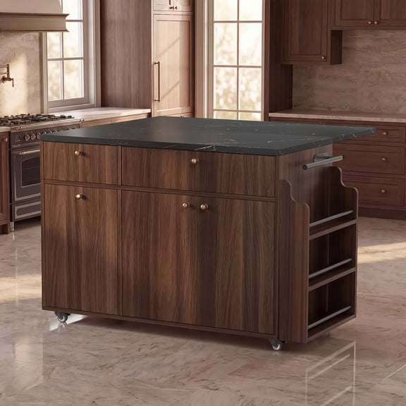 Mintazer Kitchen Island with Storage Rolling Kitchen Island Cart with Drop Leaf Extension, Drawers, Spice Rack, Towel Bar, Mobile Kitchen Cart for Kitchen & Dining Room, Walnut